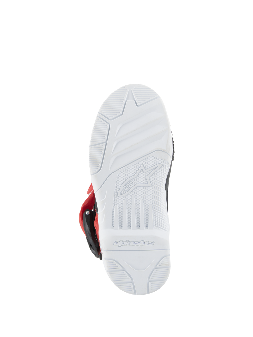 Botas Alpinestars Kids Tech 3S, botas de motocross, branco, preto e vermelho vivo, vista inferior da sola de borracha branca com logótipo Alpinestars em relevo e padrão de aderência para corridas todo-o-terreno
