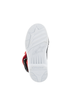 Botas Alpinestars Kids Tech 3S, botas de motocross, branco, preto e vermelho vivo, vista inferior da sola de borracha branca com logótipo Alpinestars em relevo e padrão de aderência para corridas todo-o-terreno