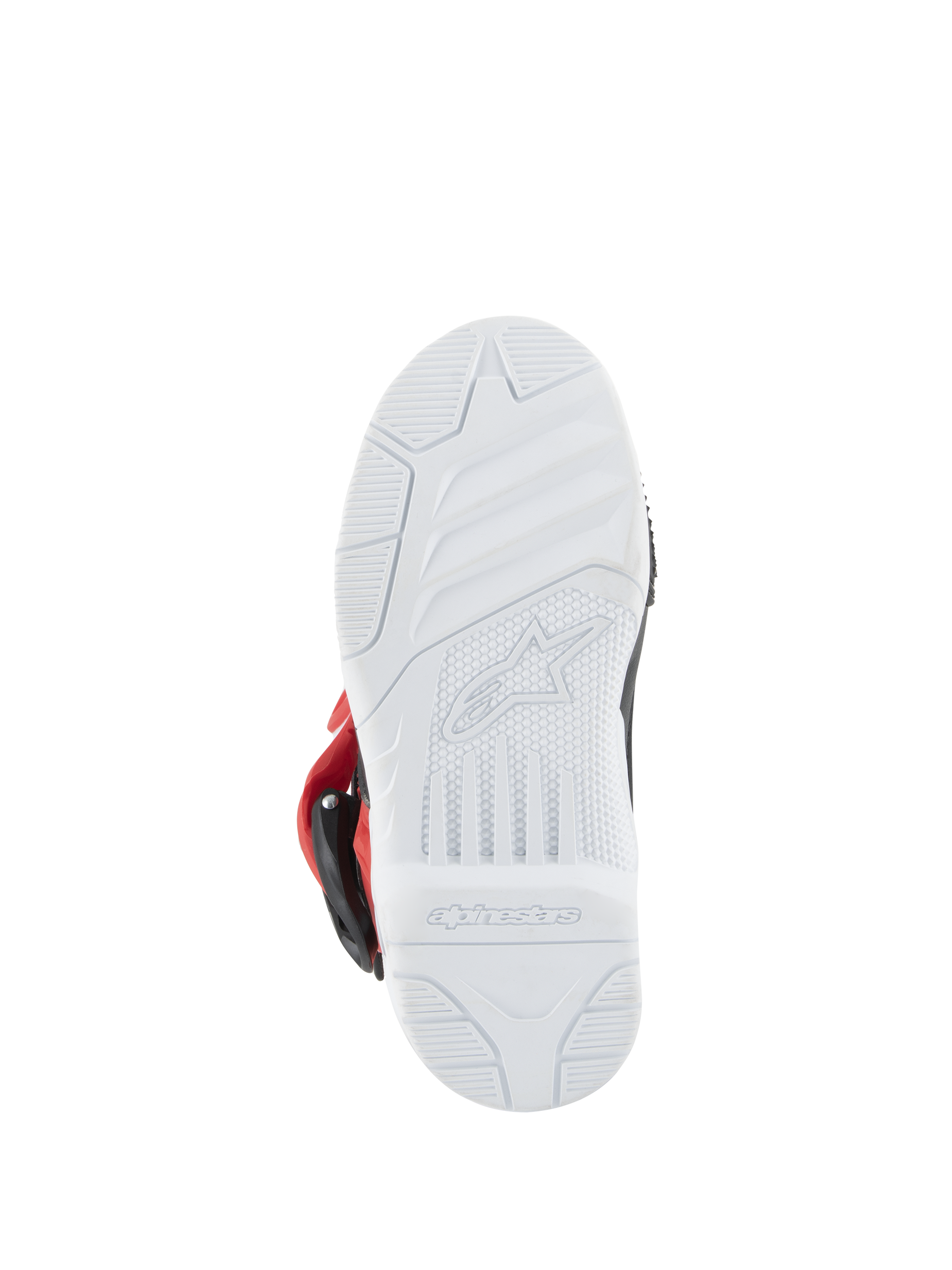 Botas Alpinestars Kids Tech 3S, botas de motocross, branco, preto e vermelho vivo, vista inferior da sola de borracha branca com logótipo Alpinestars em relevo e padrão de aderência para corridas todo-o-terreno