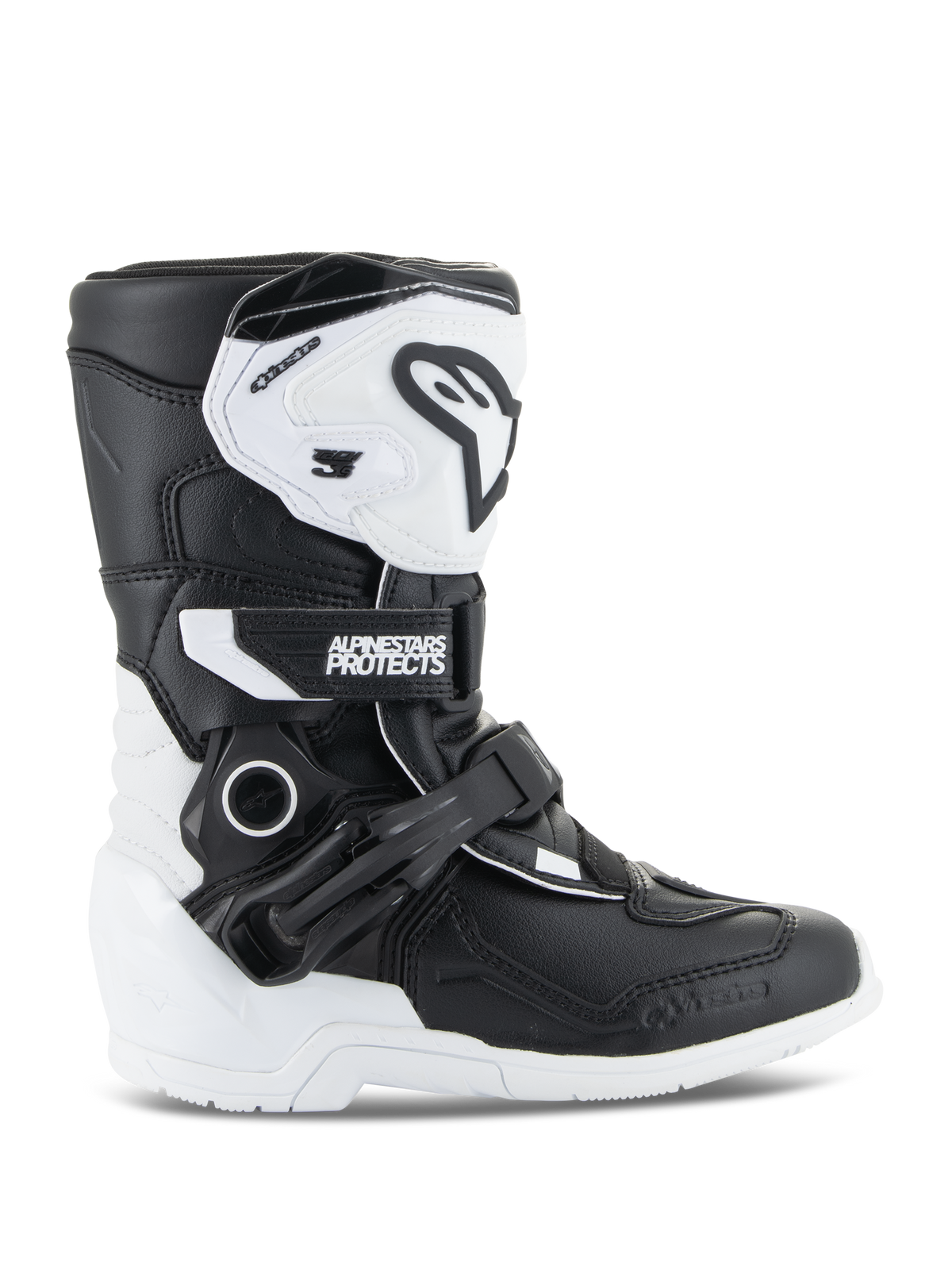 Botas Alpinestars Kids Tech 3S, botas de motocross para jovens, pretas e brancas, vista lateral com design de cano alto, sistema de fecho com fivelas e tiras, placa de canela protetora em TPU e sola branca, calçado de motociclismo todo-o-terreno para crianças