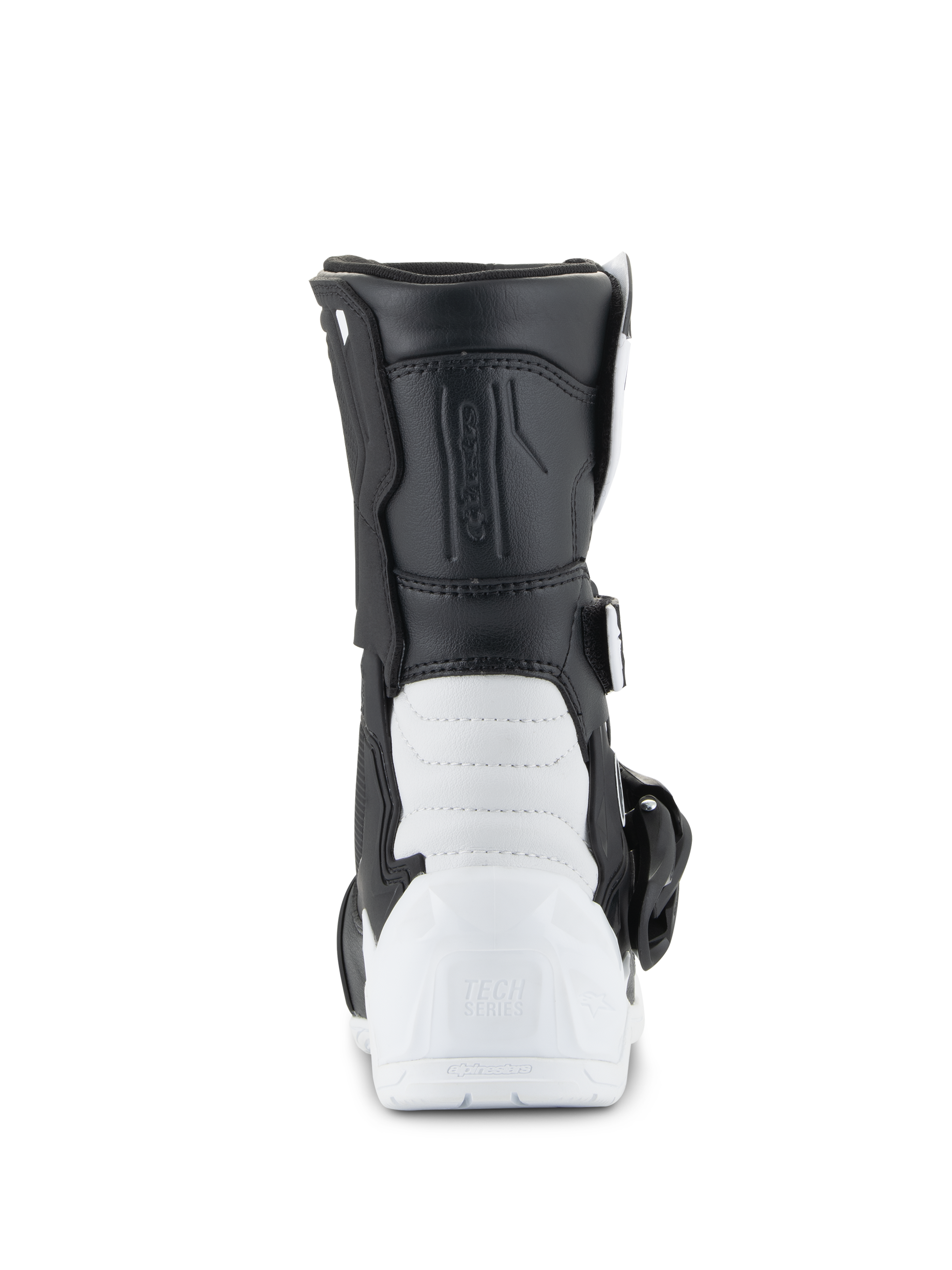 Alpinestars Kids Tech 3S Boots, Motocross Boots, White and Black, Rear view showing the reinforced TPU heel with Tech Series branding, black synthetic upper and white lower shell construction, protective youth off-road footwear