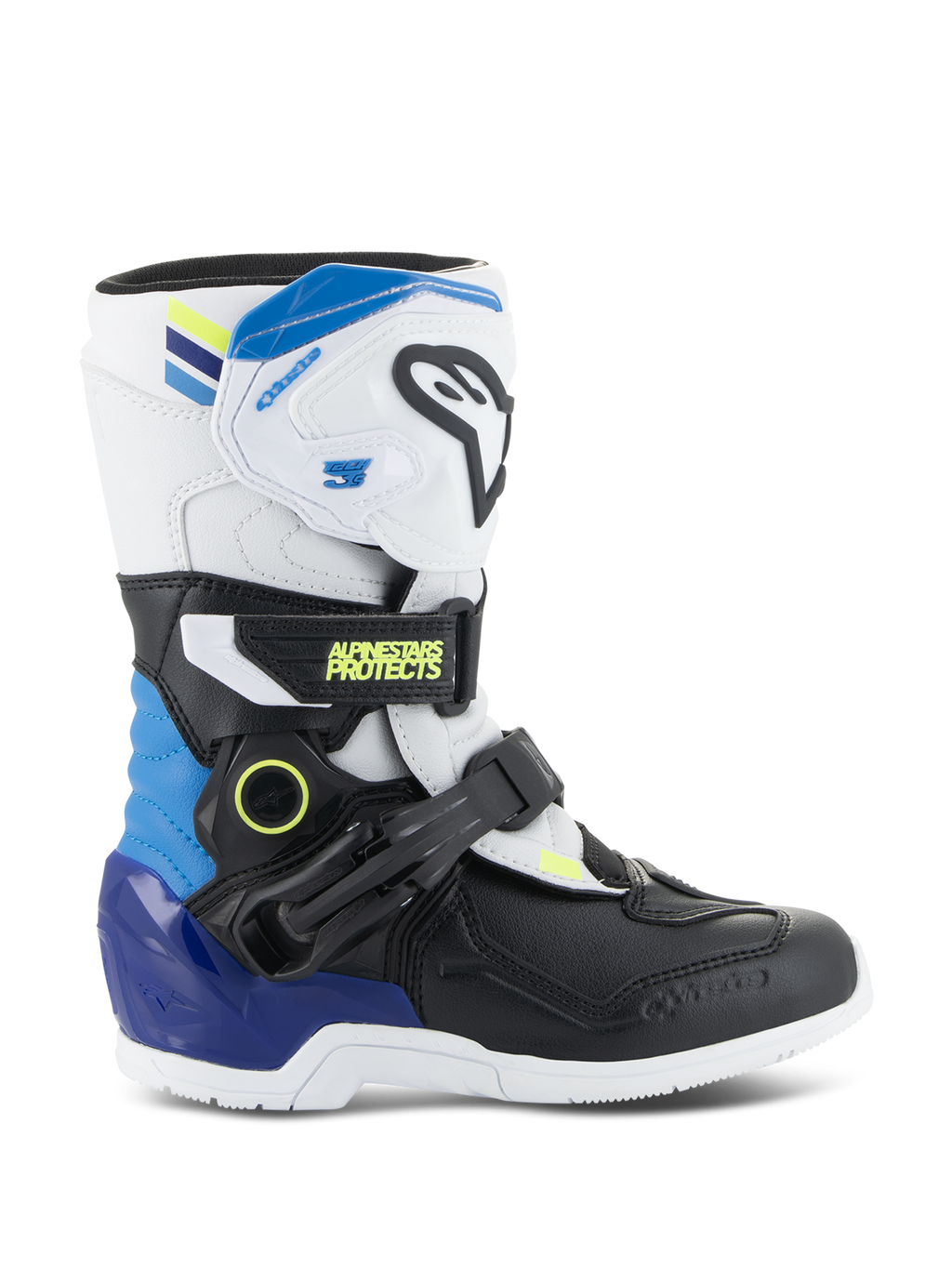 Alpinestars Kids Tech 3S Boots, Youth Motocross Boots, White and Black with Enamel Blue and Yellow accents, side view showing protective buckle straps and rugged sole, off-road racing footwear