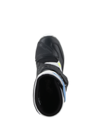 Alpinestars Kids Tech 3S Boots, Motocross Boots, White Black and Enamel Blue, top-down view showing the boot interior, black microfiber toe box with protective reinforcement, and blue accents, off-road riding footwear