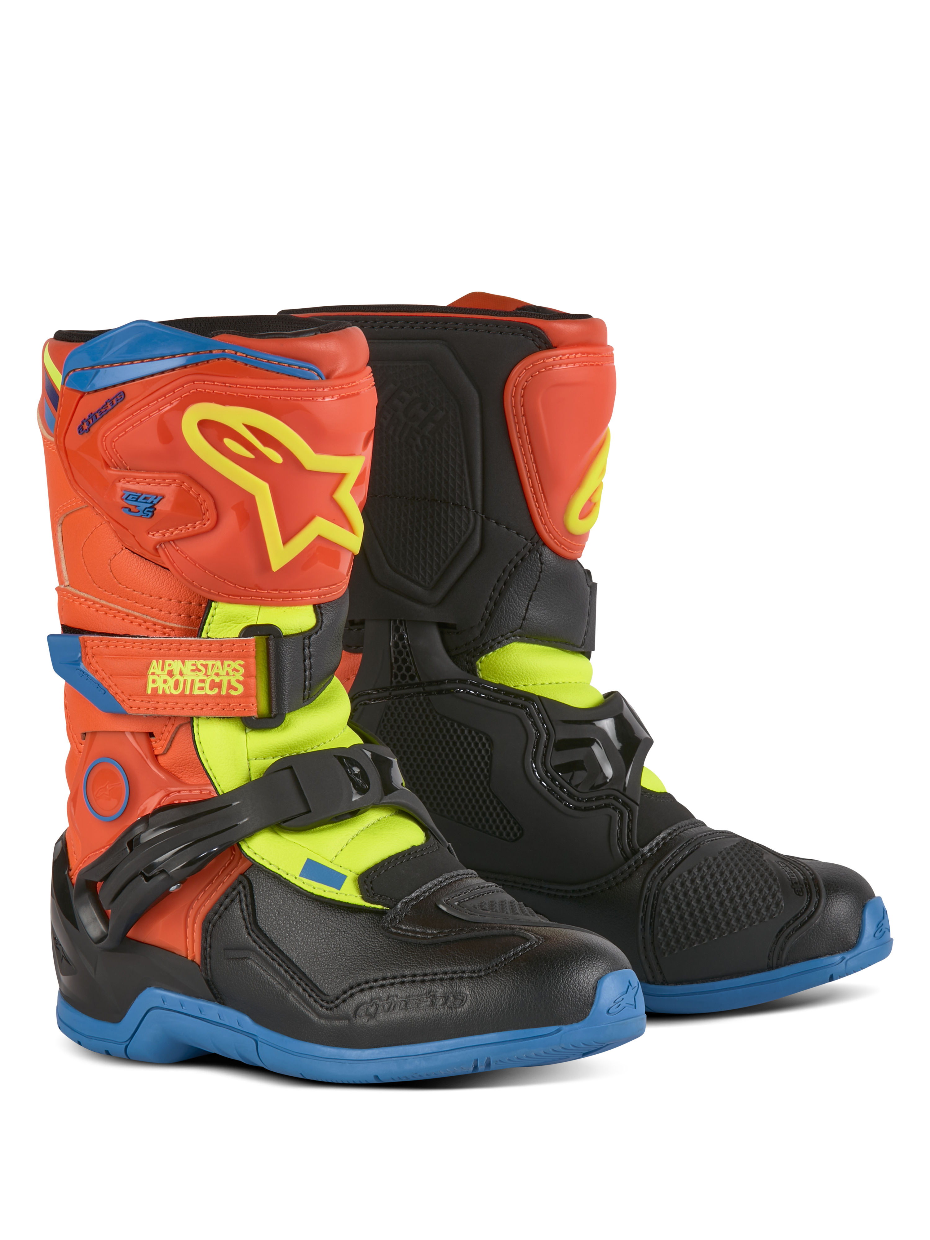 Alpinestars Kids Tech 3S Boots, botas de motocross, laranja fluo, azul enamel e amarelo fluo com preto, com fechos de velcro, placa de canela em TPU e solas de borracha duráveis para condução off-road infantil