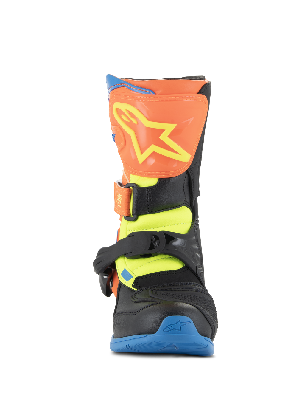 Botas Alpinestars Tech 3S Kids, botas de motocross, Laranja Fluo, Azul Enamel e Amarelo Fluo, vista frontal apresentando uma placa de canela laranja com logótipo de estrela amarelo, fechos de fivela pretos e sola azul, calçado de proteção todo-o-terreno para jovens pilotos