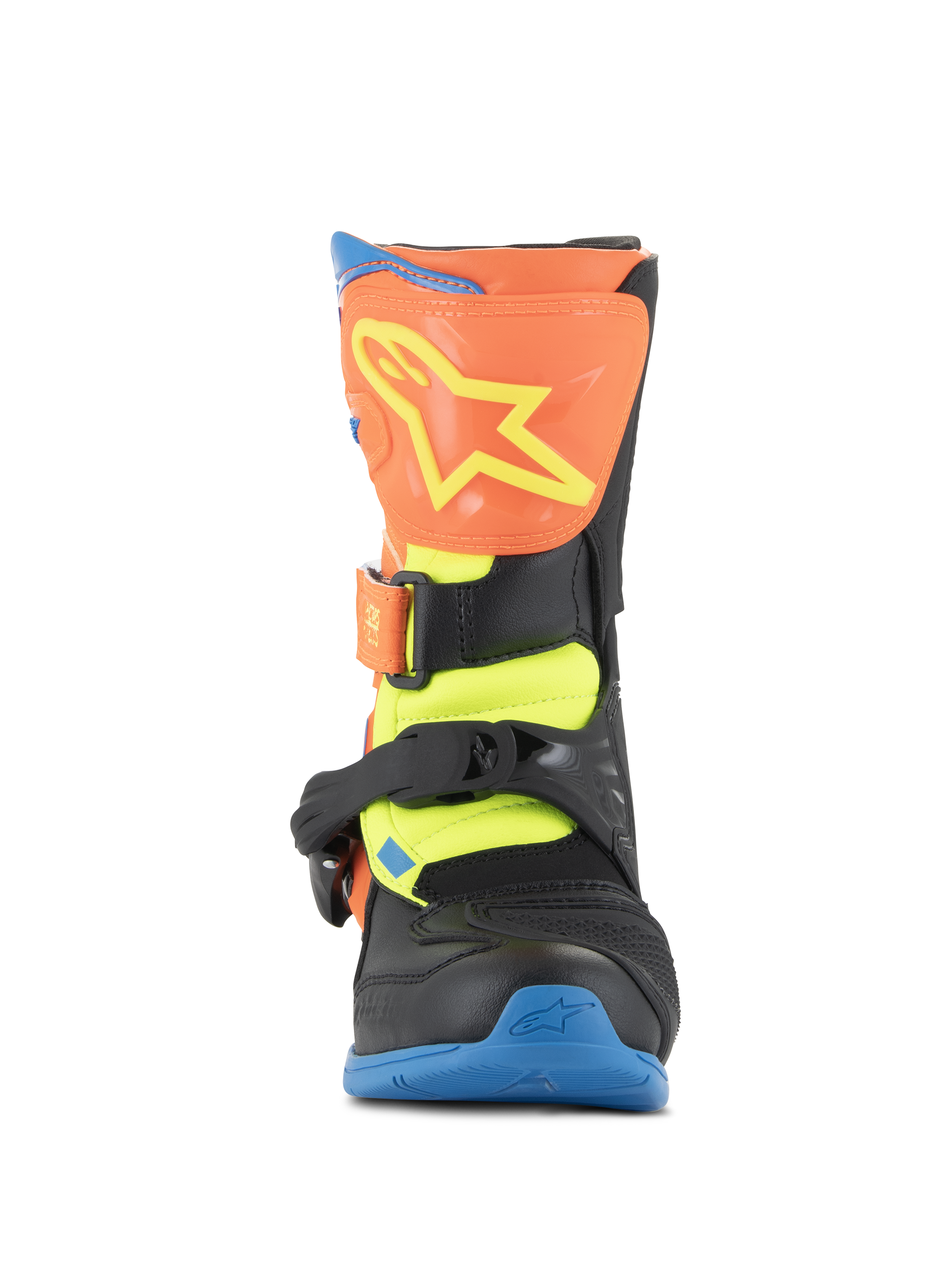 Botas Alpinestars Tech 3S Kids, botas de motocross, Laranja Fluo, Azul Enamel e Amarelo Fluo, vista frontal apresentando uma placa de canela laranja com logótipo de estrela amarelo, fechos de fivela pretos e sola azul, calçado de proteção todo-o-terreno para jovens pilotos
