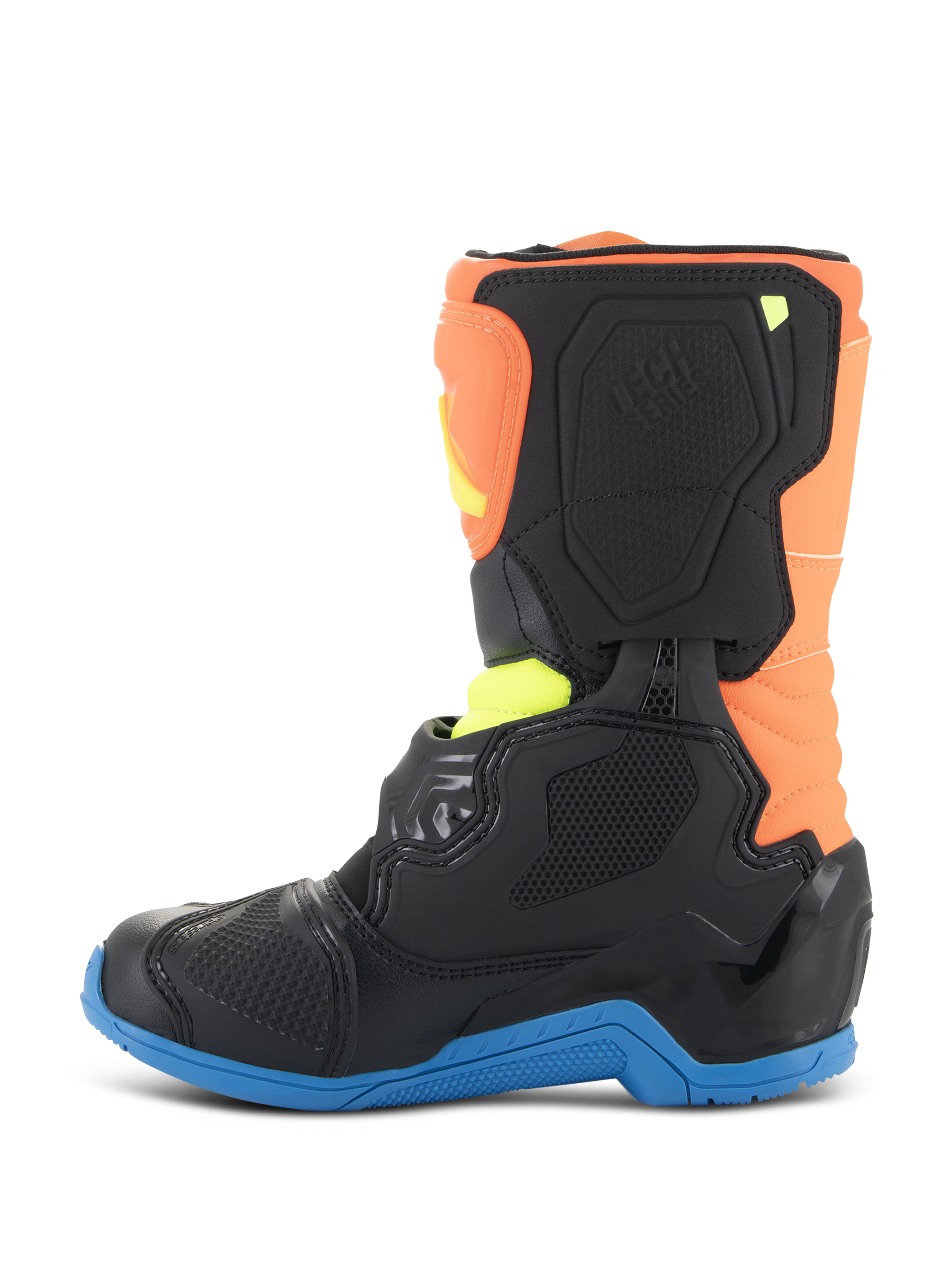 Botas Tech 3S Kids Alpinestars, botas de motocross, Laranja Fluo, Azul Enamel e Amarelo Fluo, vista de perfil lateral com painéis de proteção pretos, sola azul e parte superior laranja, concebidas para corridas off-road para jovens