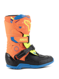 Alpinestars Kids Tech 3S, botas de motocross para criança, laranja néon, azul esmalte e amarelo néon, com placa de canela protetora em TPU, tiras de velcro ajustáveis e sola de borracha azul durável, concebidas para corridas off-road
