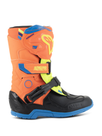 Alpinestars Kids Tech 3S, botas de motocross para criança, laranja néon, azul esmalte e amarelo néon, com placa de canela protetora em TPU, tiras de velcro ajustáveis e sola de borracha azul durável, concebidas para corridas off-road