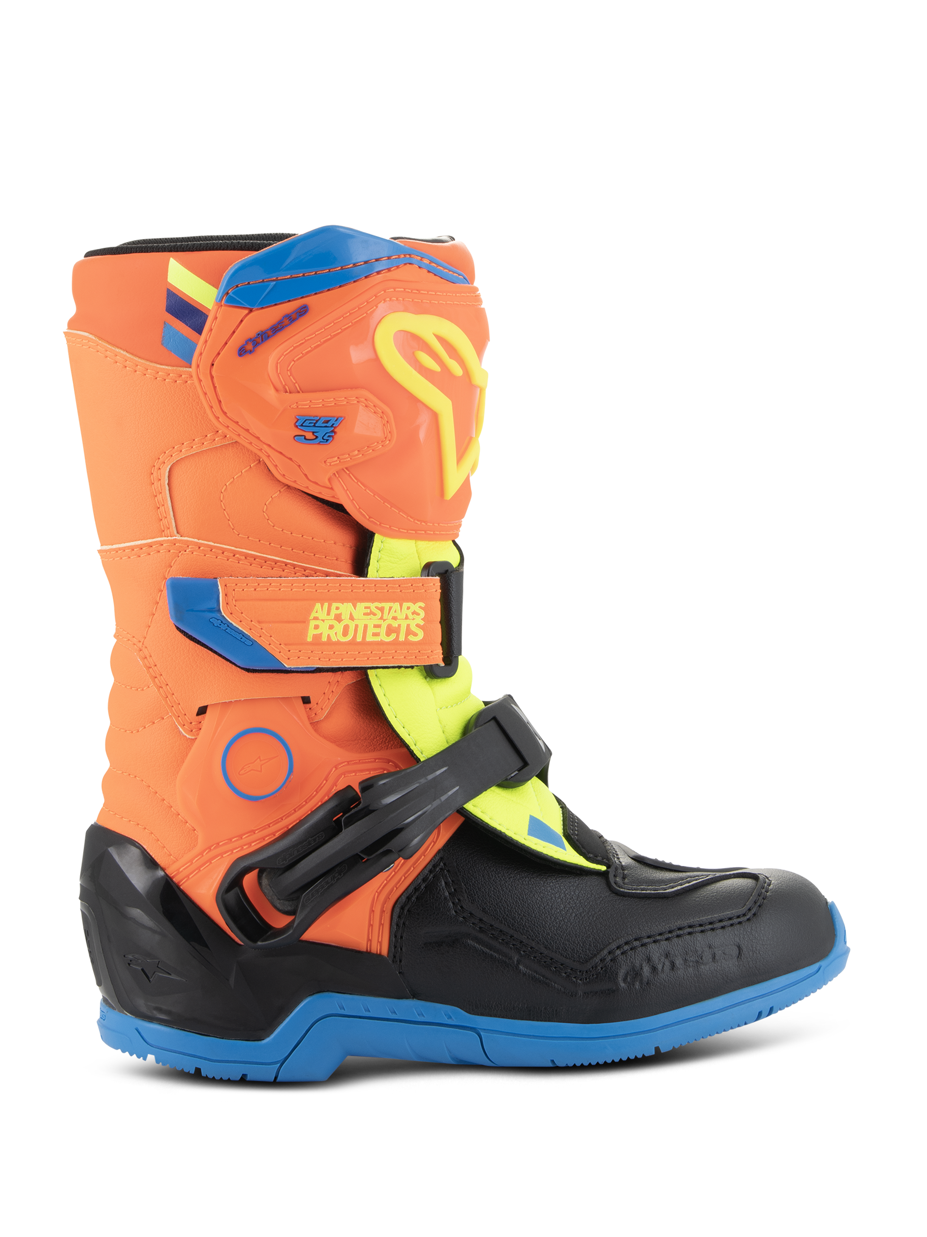 Alpinestars Kids Tech 3S, botas de motocross para criança, laranja néon, azul esmalte e amarelo néon, com placa de canela protetora em TPU, tiras de velcro ajustáveis e sola de borracha azul durável, concebidas para corridas off-road