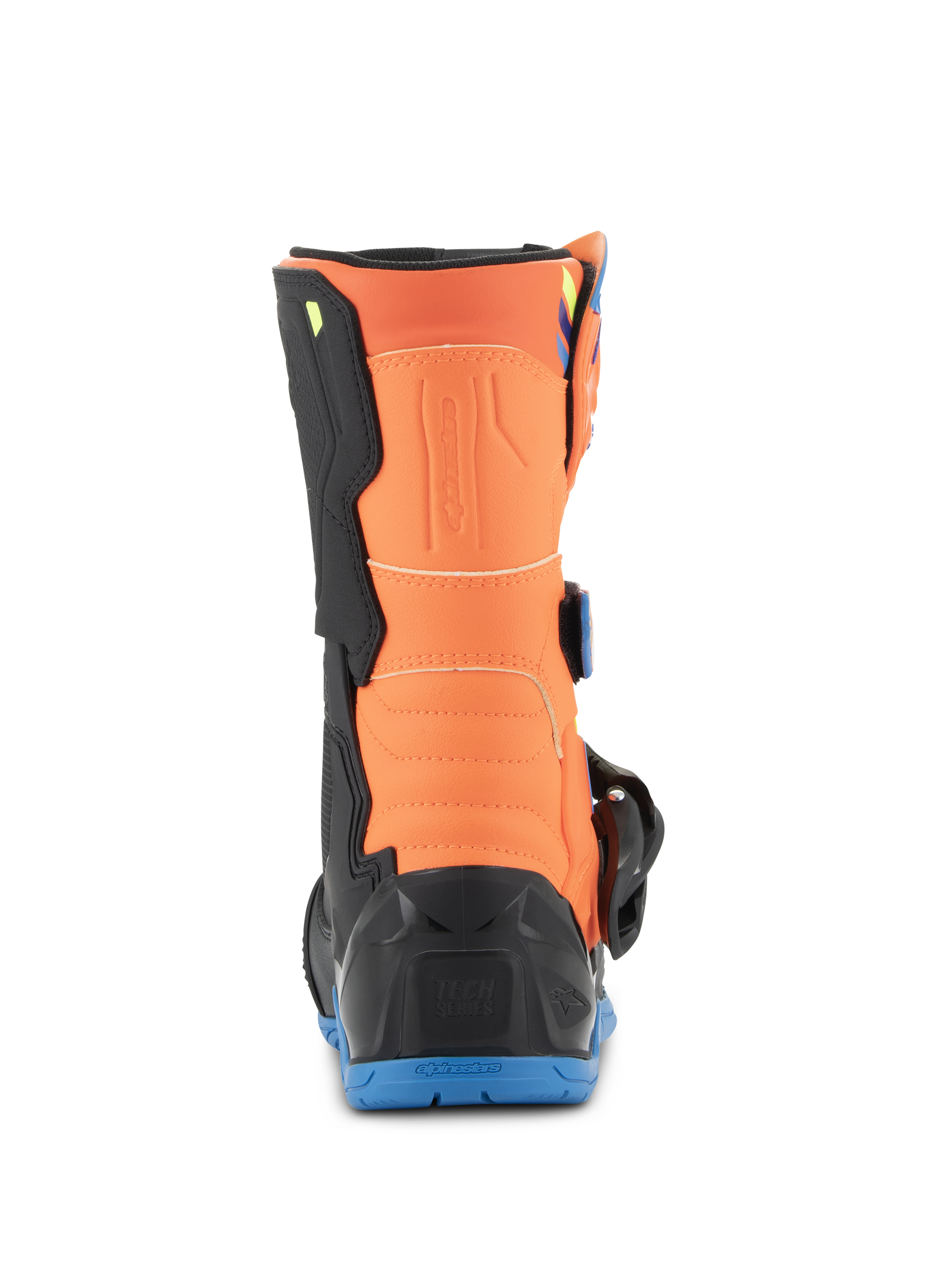Botas Alpinestars Kids Tech 3S, botas de motocross para criança, laranja fluo e azul enamel, vista traseira mostrando o painel da barriga da perna laranja, protetor de calcanhar preto e sola de borracha azul.
