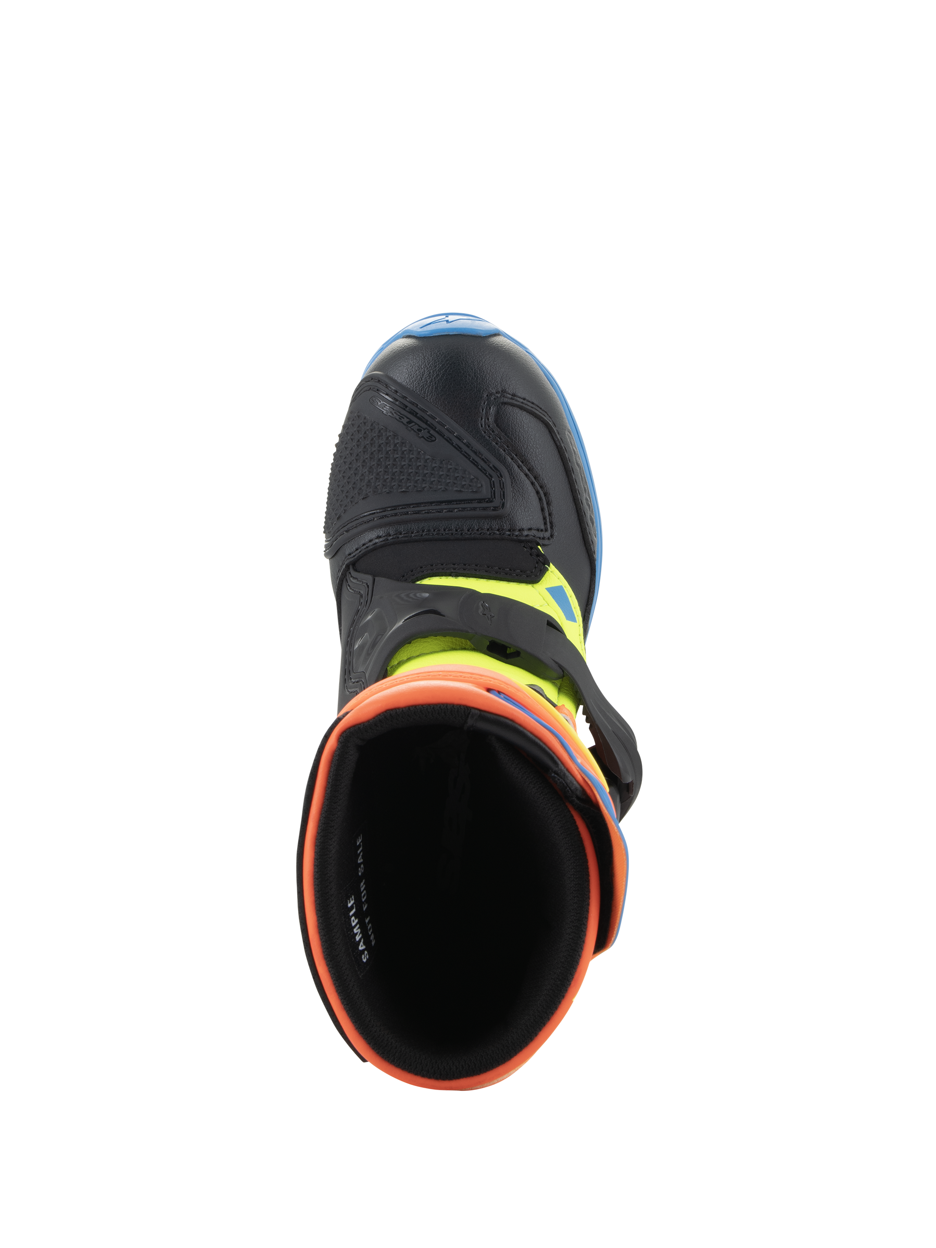 Botas Alpinestars Kids Tech 3S, botas de motocross, laranja fluo, azul enamel e amarelo fluo, vista superior para o interior da abertura almofadada, mostrando a biqueira de microfibra preta e o fecho de fivela.