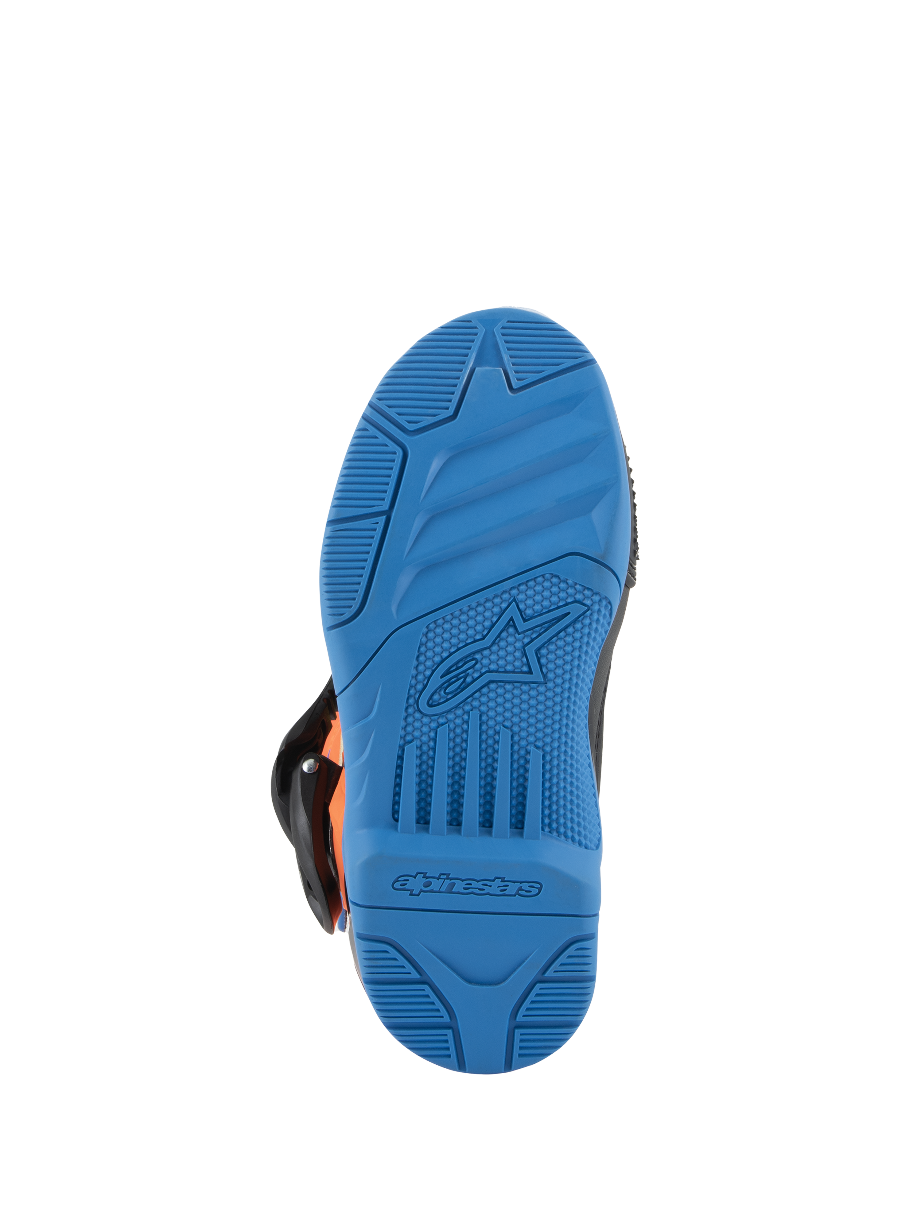 Botas Alpinestars Kids Tech 3S, botas de motocross, vista da sola em Enamel Blue, sola de borracha de alta aderência com padrões de aderência texturizados, com logótipo de estrela e marca nominativa Alpinestars em relevo, design durável de calçado para todo-o-terreno