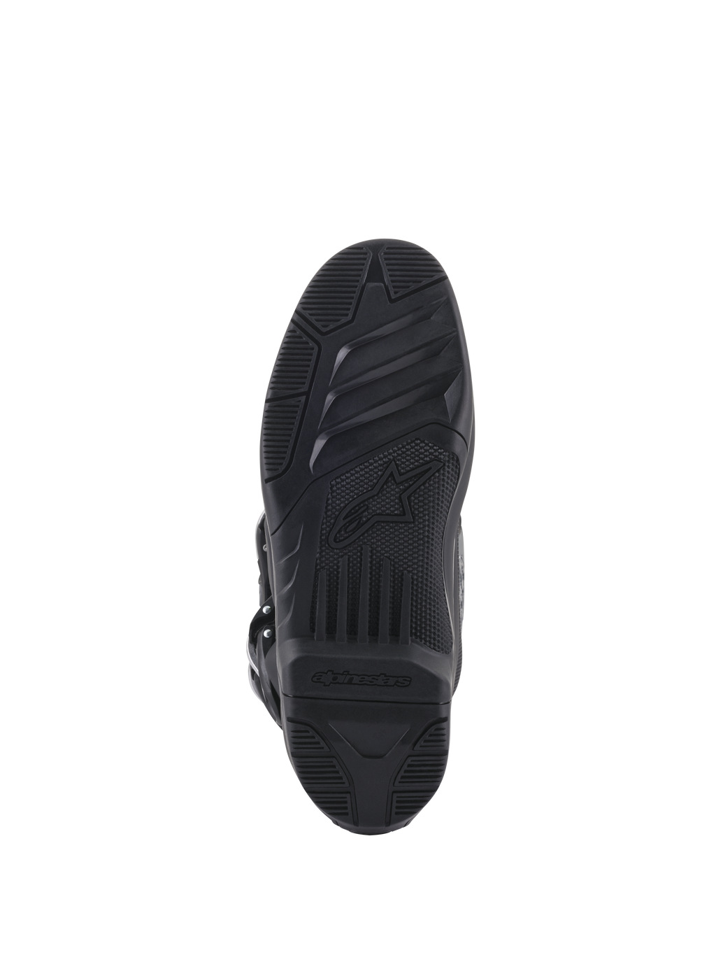 Alpinestars Botas Tech 5, sola de motocross preta, design de duplo composto substituível com textura de alta aderência e logótipo.