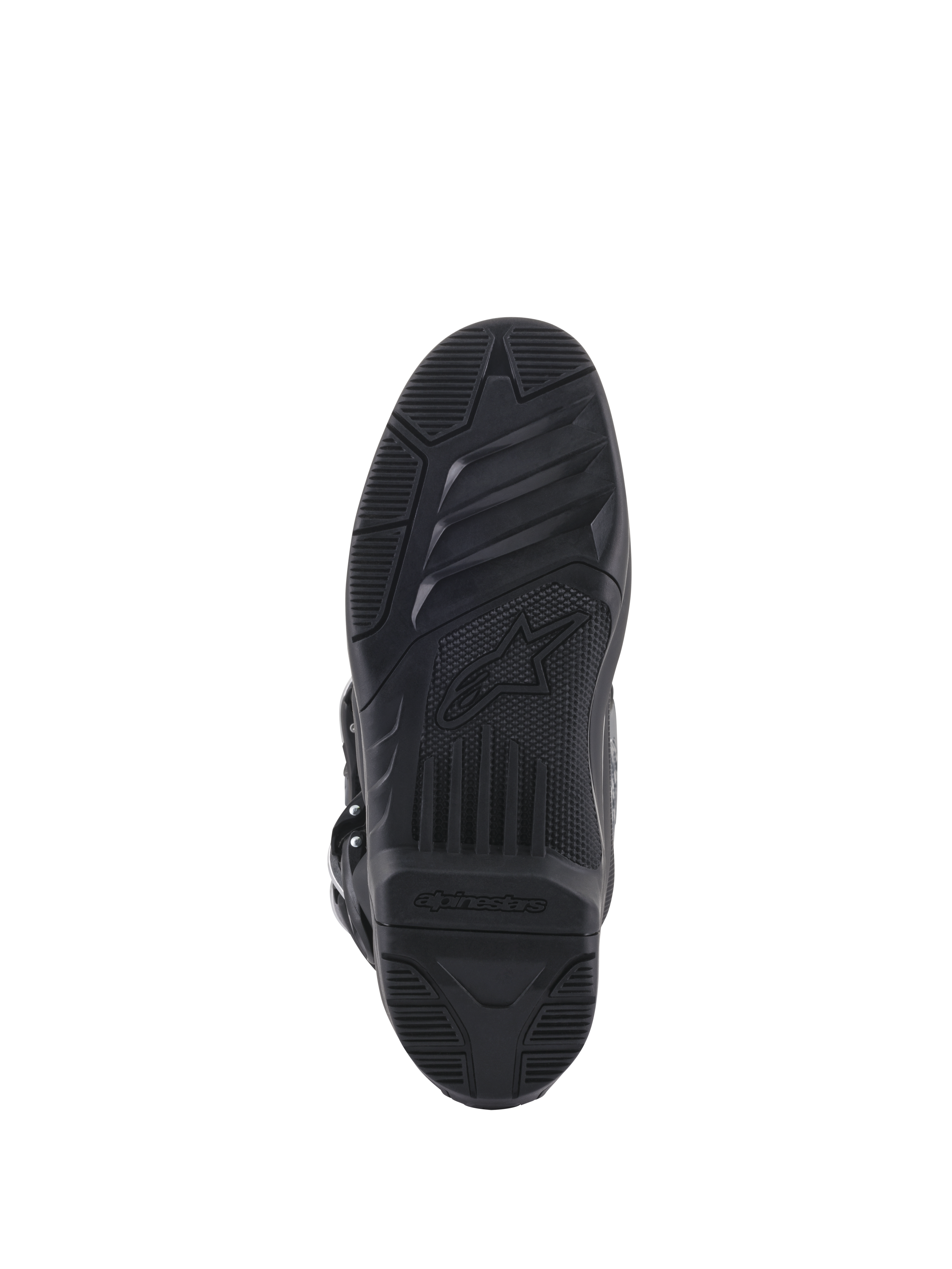 Alpinestars Botas Tech 5, sola de motocross preta, design de duplo composto substituível com textura de alta aderência e logótipo.