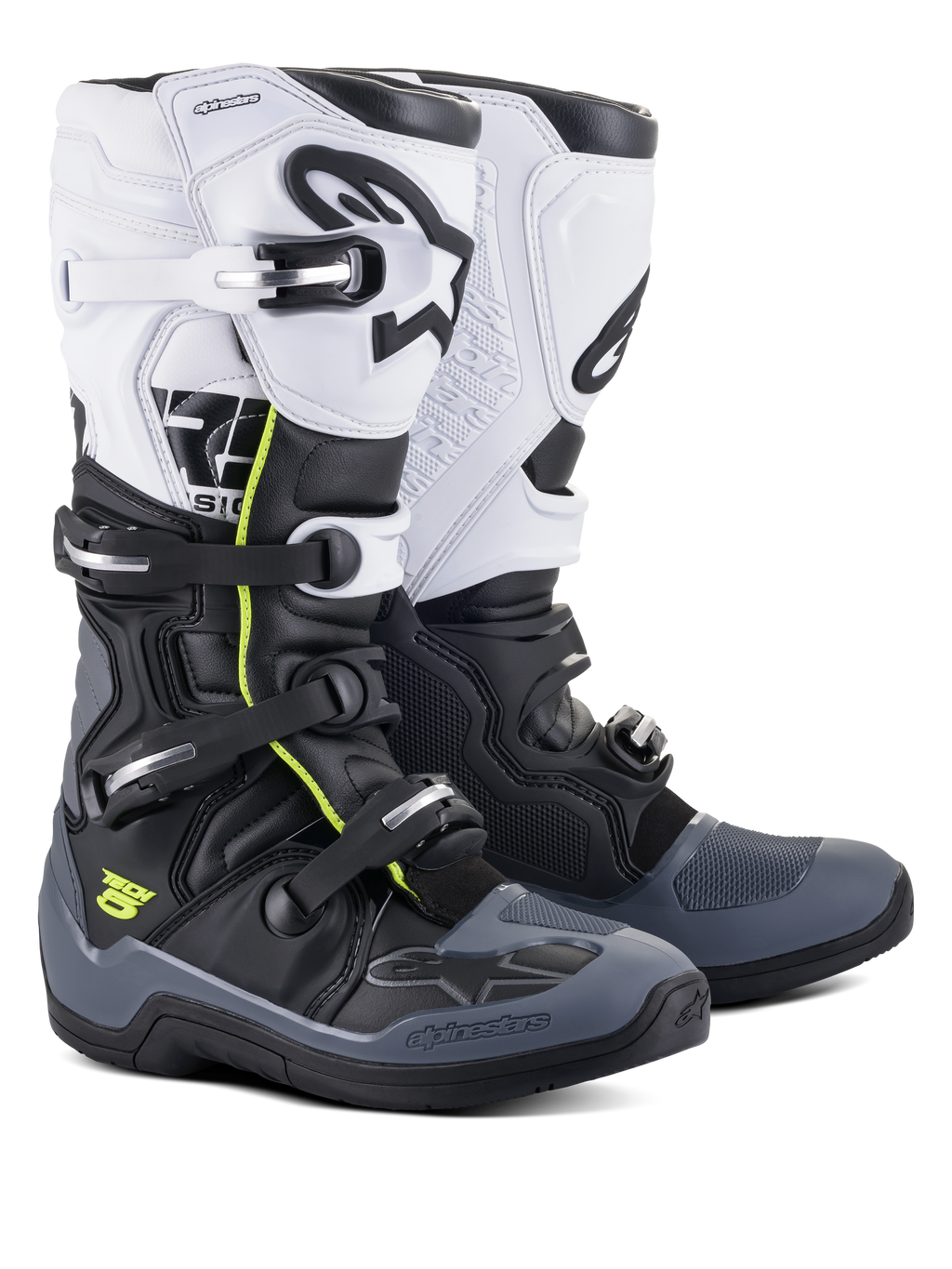 Botas Alpinestars Tech 5, botas de motocross e off-road, pretas, cinzento escuro e brancas com detalhes em amarelo néon, sistema de fecho de quatro fivelas, painel superior branco com logótipo Astars preto, proteção na biqueira e no calcanhar em cinzento escuro e construção em microfibra durável
