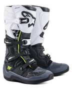 Botas Alpinestars Tech 5, botas de motocross e off-road, pretas, cinzento escuro e brancas com detalhes em amarelo néon, sistema de fecho de quatro fivelas, painel superior branco com logótipo Astars preto, proteção na biqueira e no calcanhar em cinzento escuro e construção em microfibra durável