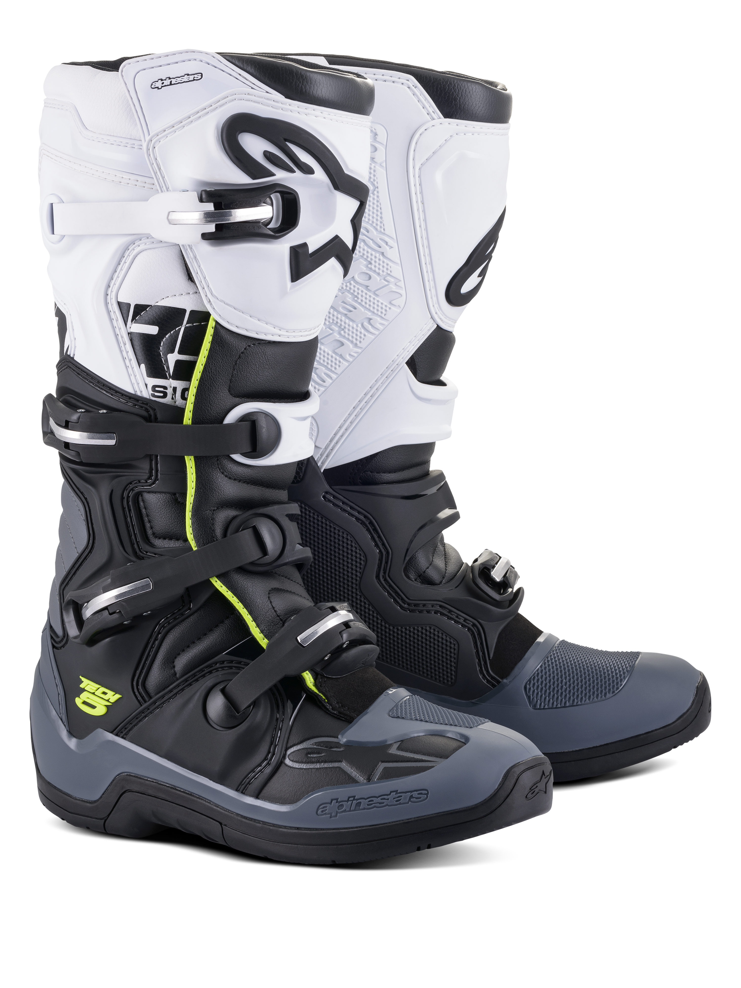 Botas Alpinestars Tech 5, botas de motocross e off-road, pretas, cinzento escuro e brancas com detalhes em amarelo néon, sistema de fecho de quatro fivelas, painel superior branco com logótipo Astars preto, proteção na biqueira e no calcanhar em cinzento escuro e construção em microfibra durável