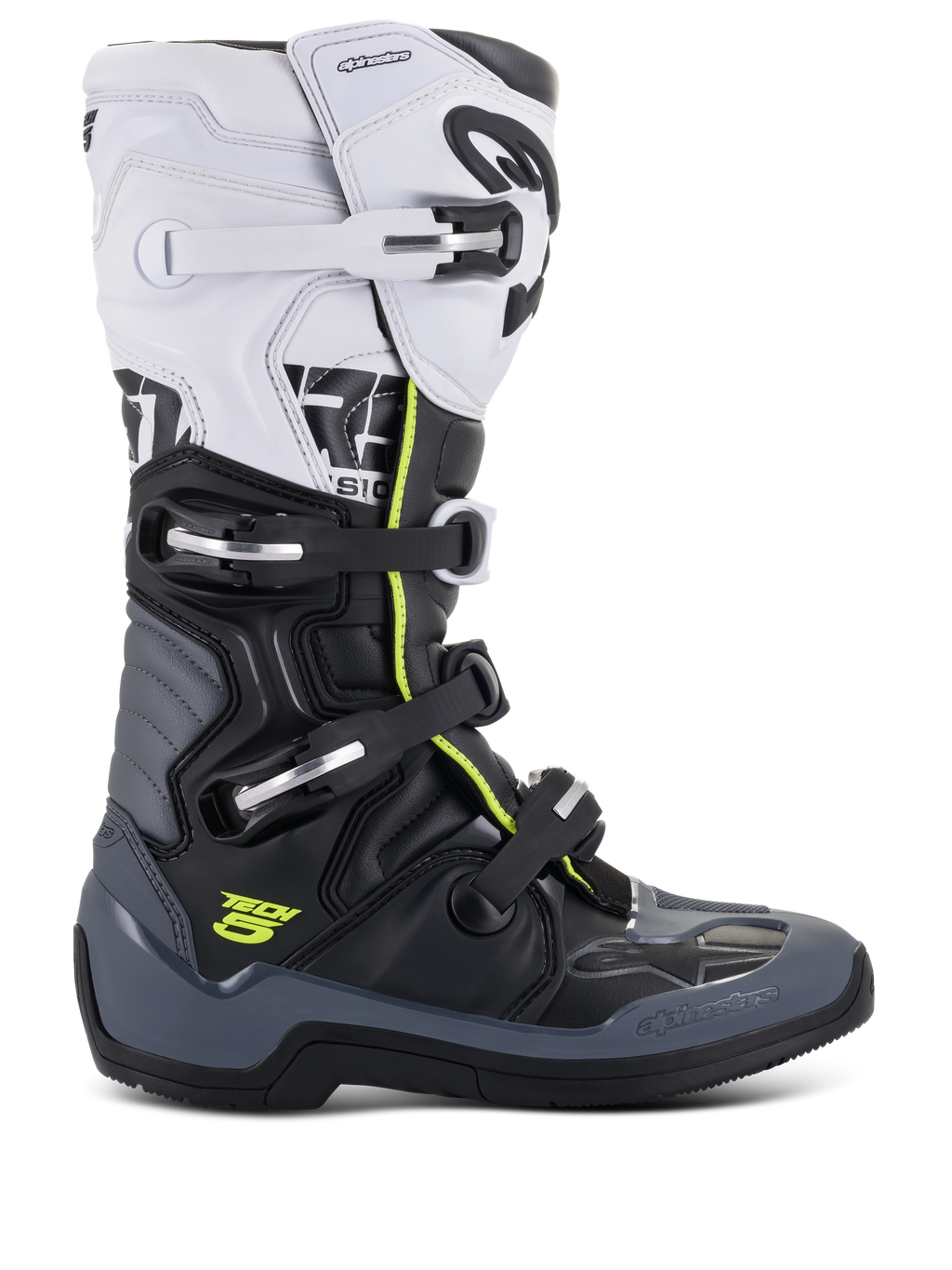 Botas Alpinestars Tech 5, botas de corrida de motocross, brancas, pretas e cinzento escuro com detalhes amarelo fluorescente, com um sistema de fecho de quatro fivelas, painéis de proteção reforçados e pivô biomecânico, construção em microfibra premium para desempenho todo-o-terreno