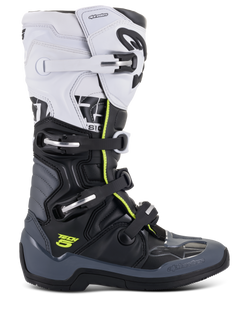 Botas Alpinestars Tech 5, botas de corrida de motocross, brancas, pretas e cinzento escuro com detalhes amarelo fluorescente, com um sistema de fecho de quatro fivelas, painéis de proteção reforçados e pivô biomecânico, construção em microfibra premium para desempenho todo-o-terreno