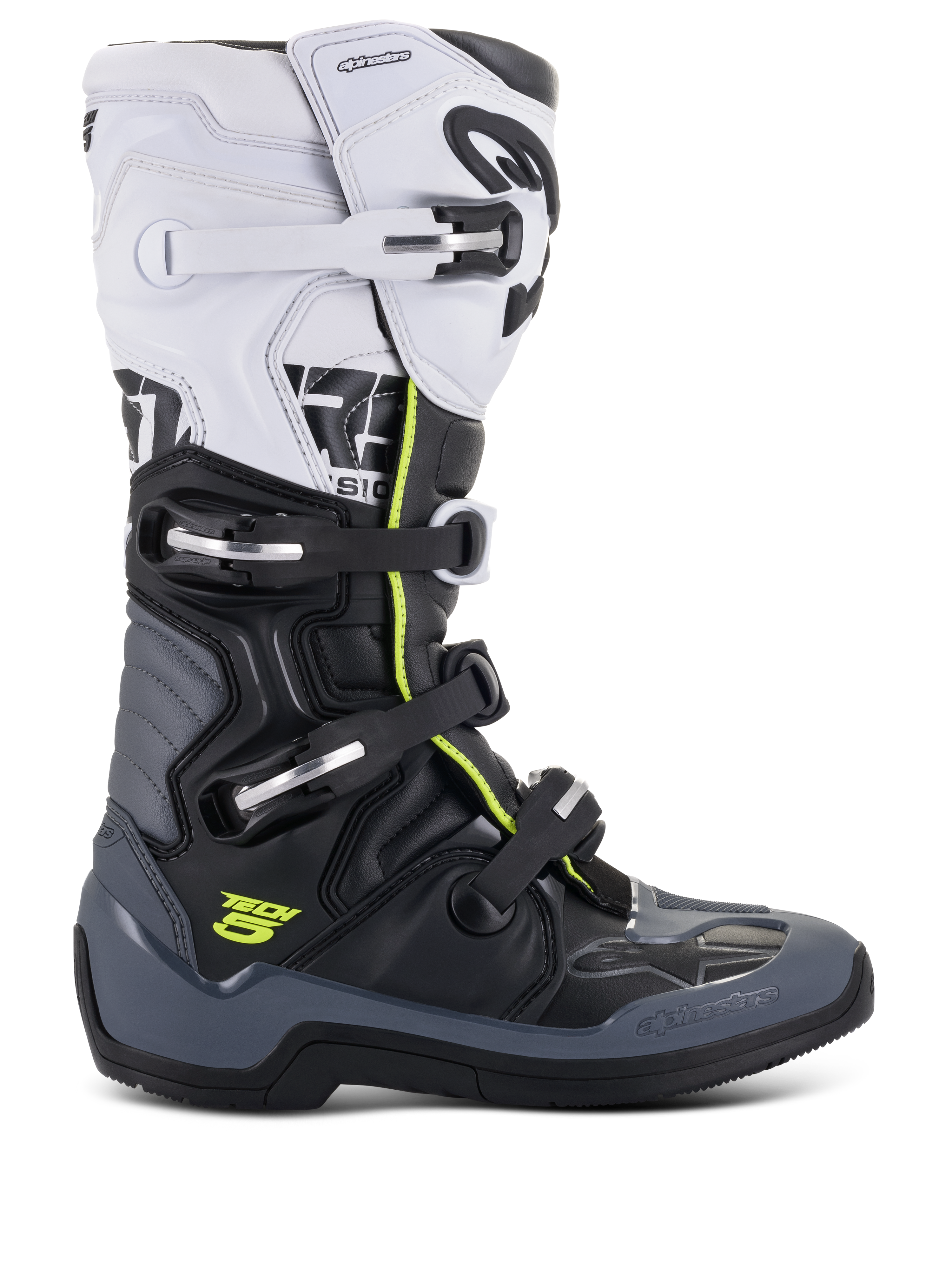 Botas Alpinestars Tech 5, botas de corrida de motocross, brancas, pretas e cinzento escuro com detalhes amarelo fluorescente, com um sistema de fecho de quatro fivelas, painéis de proteção reforçados e pivô biomecânico, construção em microfibra premium para desempenho todo-o-terreno