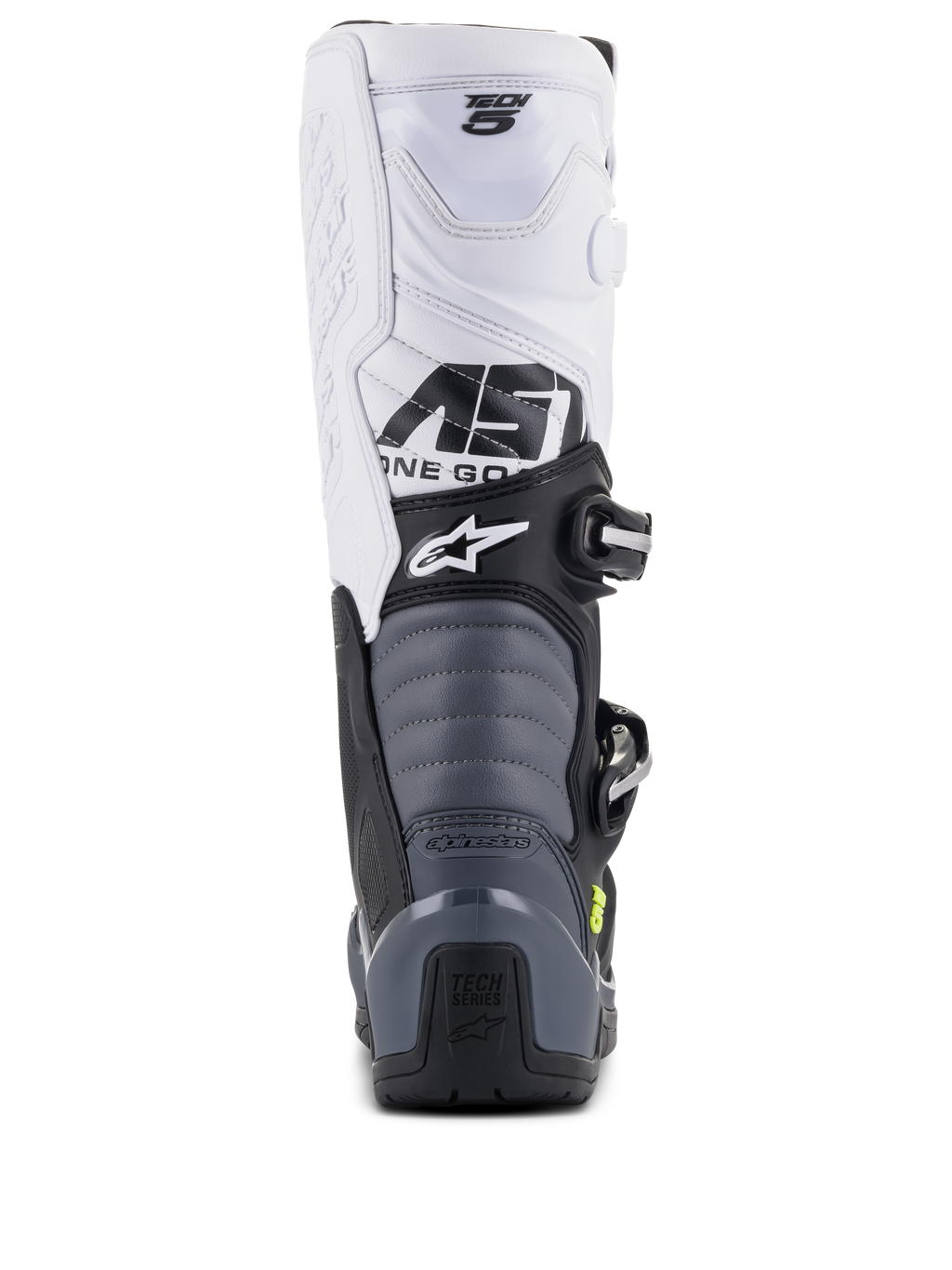 Botas Alpinestars Tech 5, botas de motocross, preto, cinzento escuro e branco, vista traseira mostrando a parte superior branca com marca Tech 5, zonas de flexão em acordeão cinzentas e proteção de calcanhar preta com logótipo Tech Series