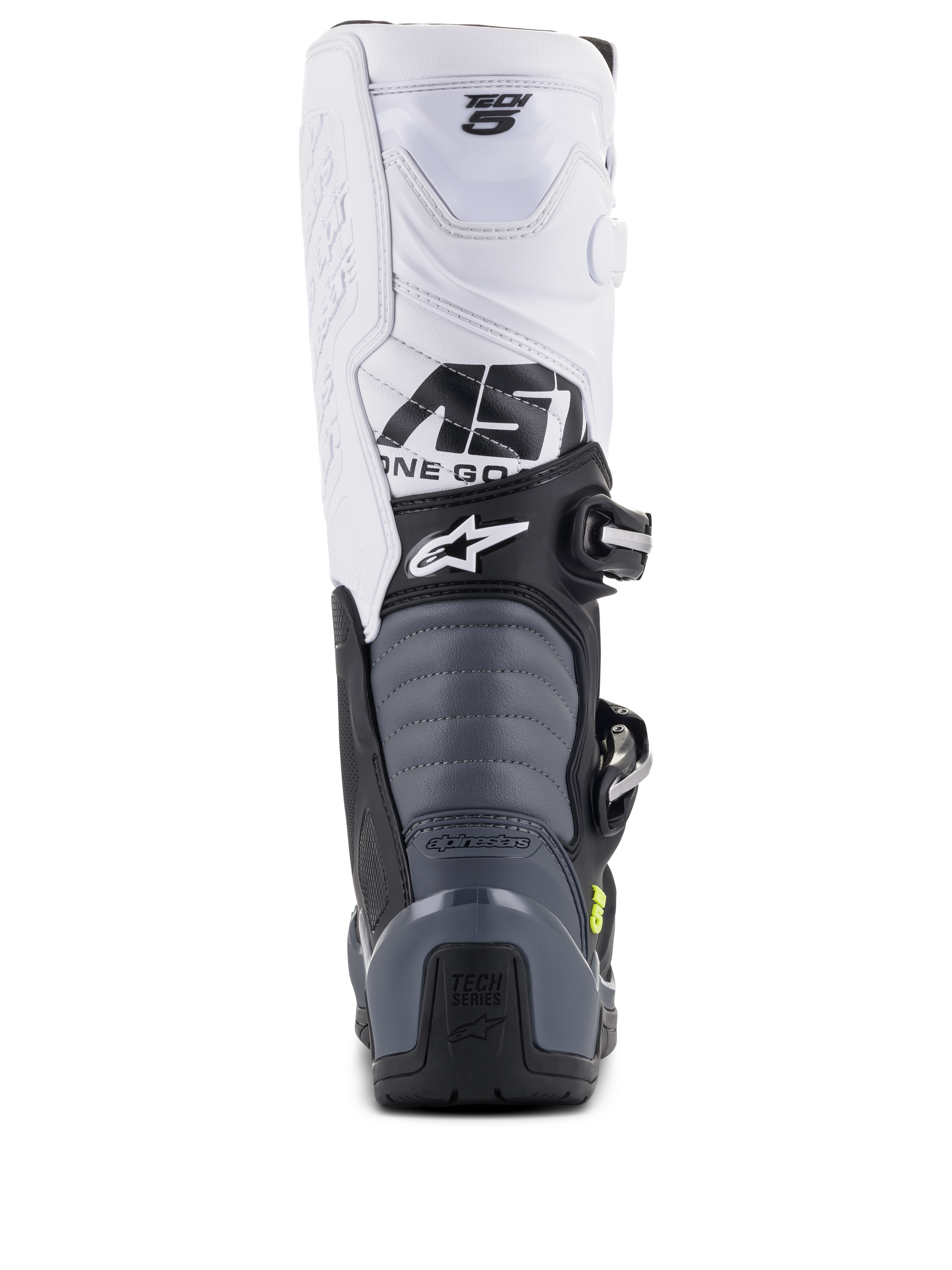 Botas Alpinestars Tech 5, botas de motocross, preto, cinzento escuro e branco, vista traseira mostrando a parte superior branca com marca Tech 5, zonas de flexão em acordeão cinzentas e proteção de calcanhar preta com logótipo Tech Series