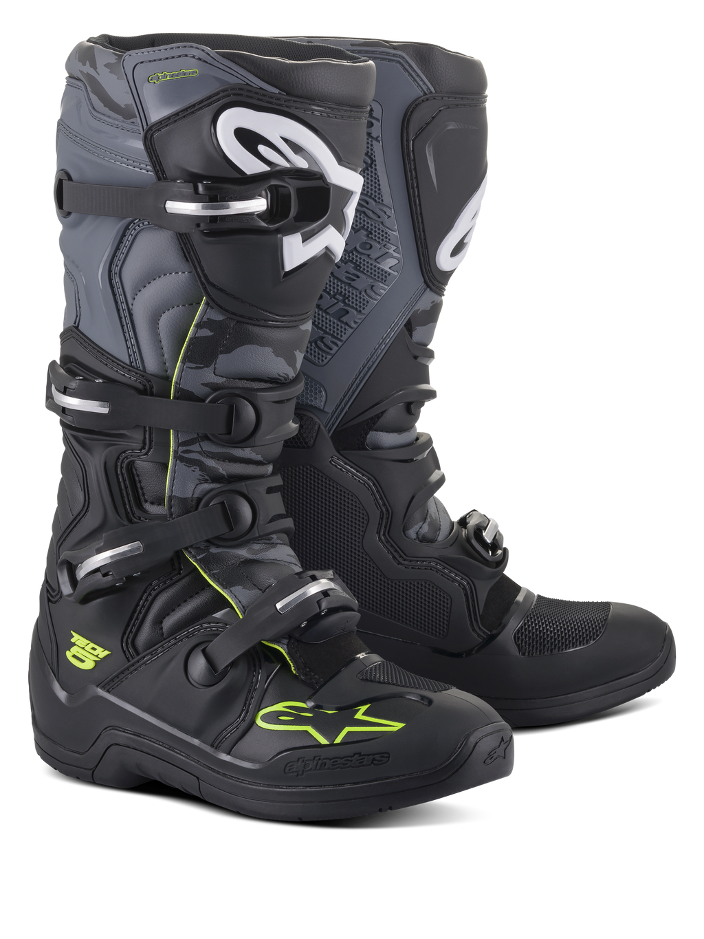 Botas Alpinestars Tech 5, botas de motocross e todo-o-terreno, pretas, cinzento e amarelo néon, com sistema de fecho de quatro fivelas, logótipos brancos na canela e detalhes em amarelo néon, construção em microfibra durável