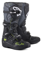 Botas Alpinestars Tech 5, botas de motocross e todo-o-terreno, pretas, cinzento e amarelo néon, com sistema de fecho de quatro fivelas, logótipos brancos na canela e detalhes em amarelo néon, construção em microfibra durável