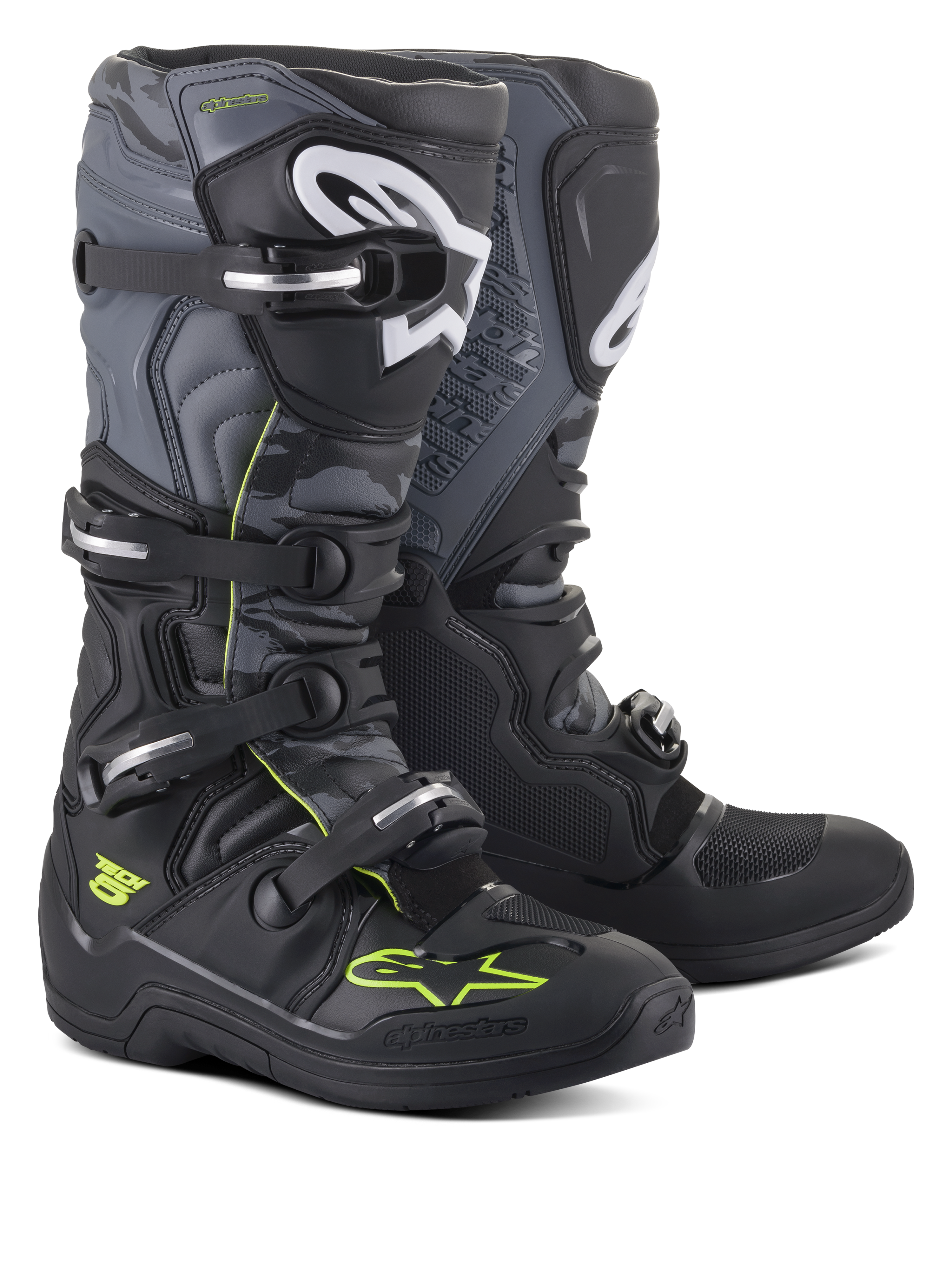 Botas Alpinestars Tech 5, botas de motocross e todo-o-terreno, pretas, cinzento e amarelo néon, com sistema de fecho de quatro fivelas, logótipos brancos na canela e detalhes em amarelo néon, construção em microfibra durável