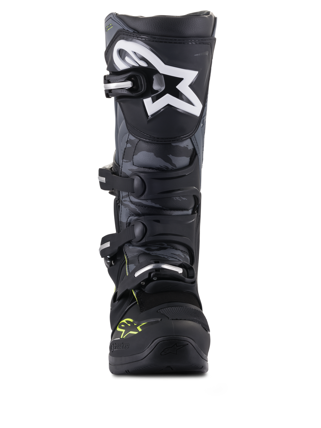 Alpinestars Tech 5, botas de motocross pretas e cinzentas com amarelo fluorescente, painéis camuflados e vista frontal.