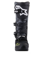 Alpinestars Tech 5, botas de motocross pretas e cinzentas com amarelo fluorescente, painéis camuflados e vista frontal.