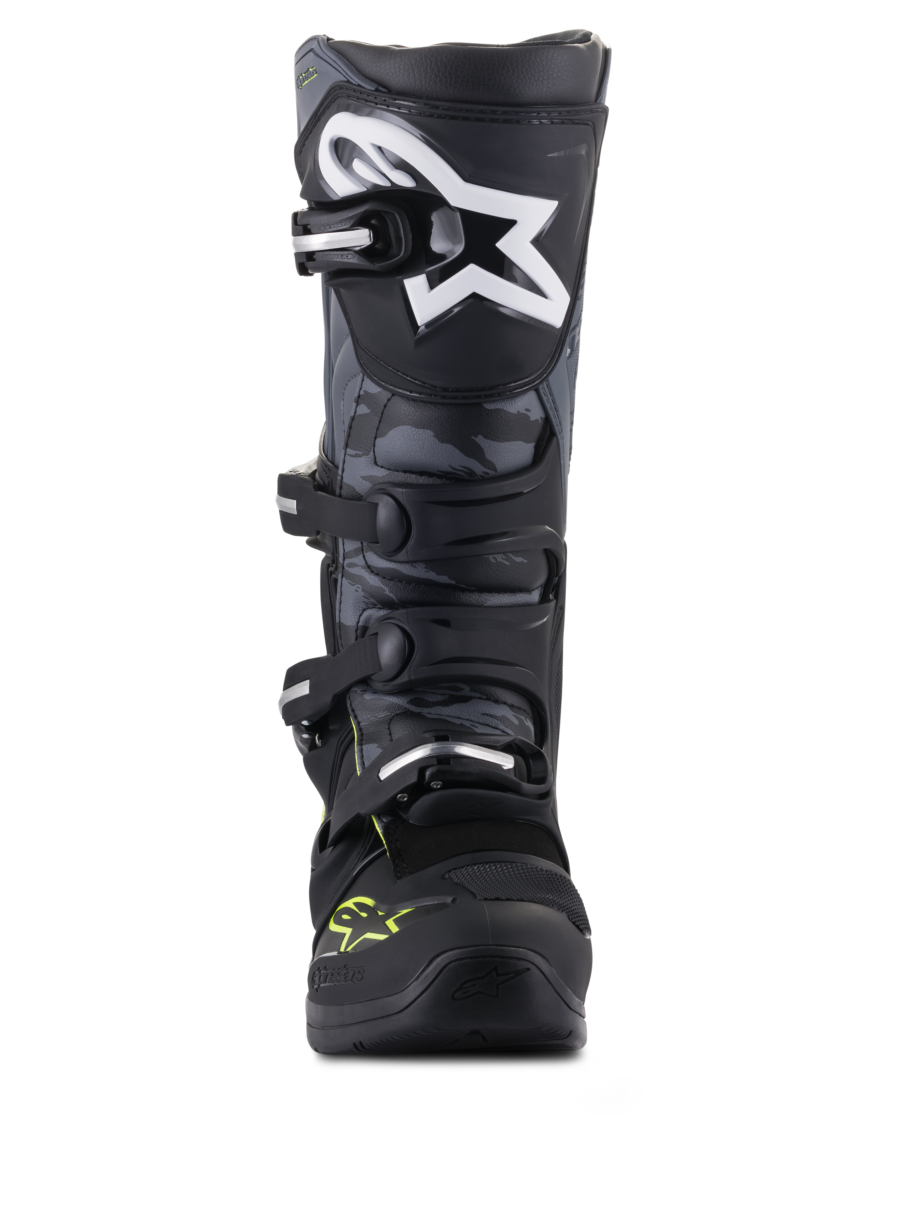 Alpinestars Tech 5, botas de motocross pretas e cinzentas com amarelo fluorescente, painéis camuflados e vista frontal.
