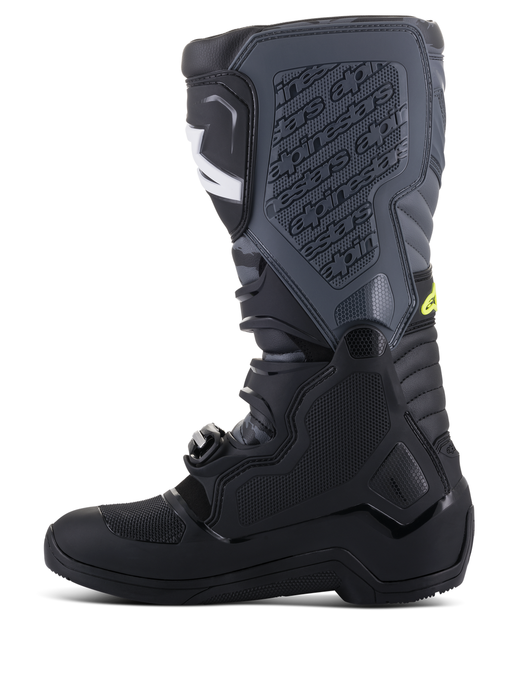 Botas Alpinestars Tech 5, botas de motocross, pretas e cinzento Cool Gray com detalhes em amarelo néon, perfil lateral mostrando a construção alta de múltiplos painéis, sistema de fecho por fivelas e placa de canela texturada com marca em relevo, calçado de competição para todo-o-terreno
