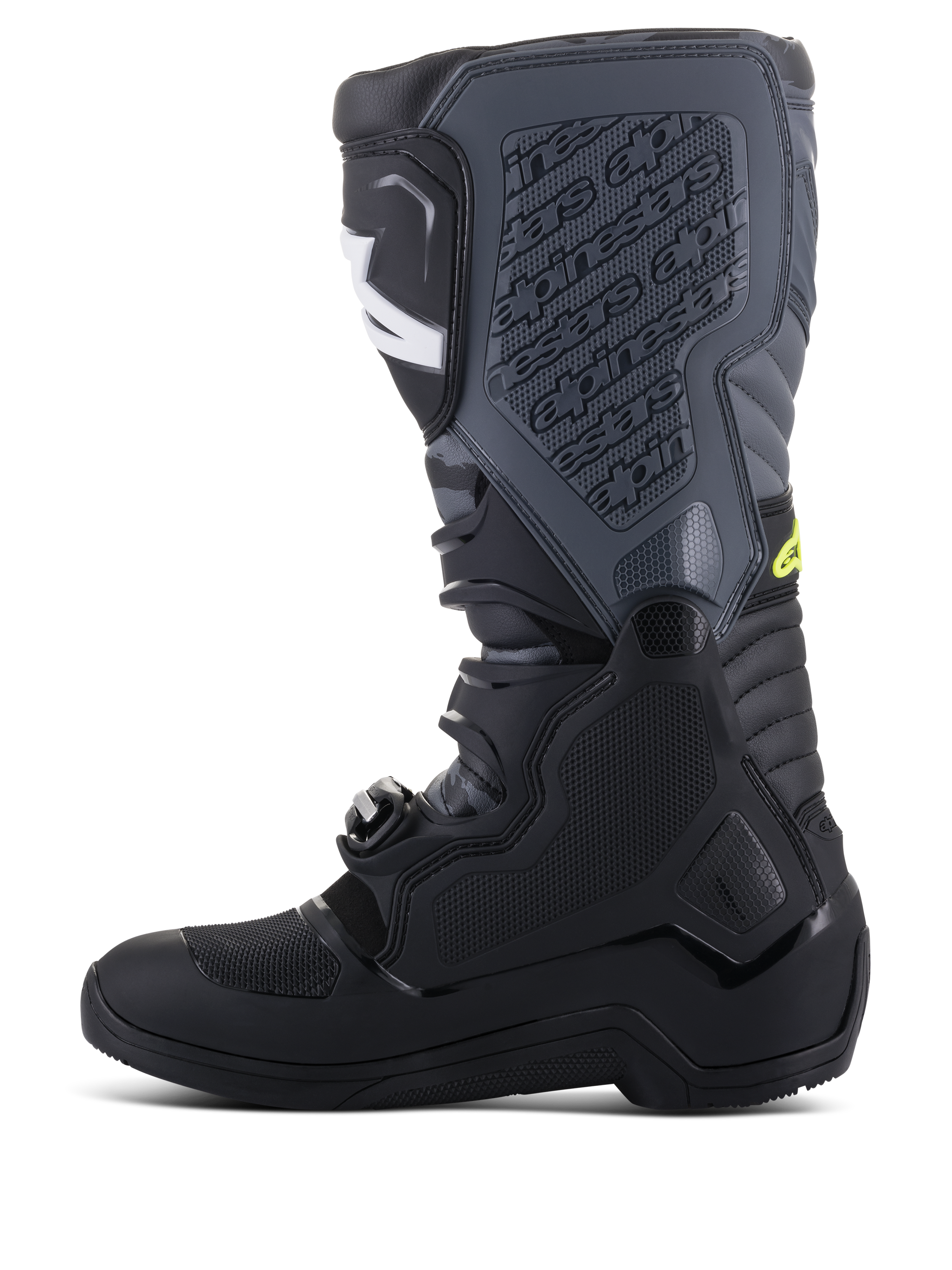 Botas Alpinestars Tech 5, botas de motocross, pretas e cinzento Cool Gray com detalhes em amarelo néon, perfil lateral mostrando a construção alta de múltiplos painéis, sistema de fecho por fivelas e placa de canela texturada com marca em relevo, calçado de competição para todo-o-terreno