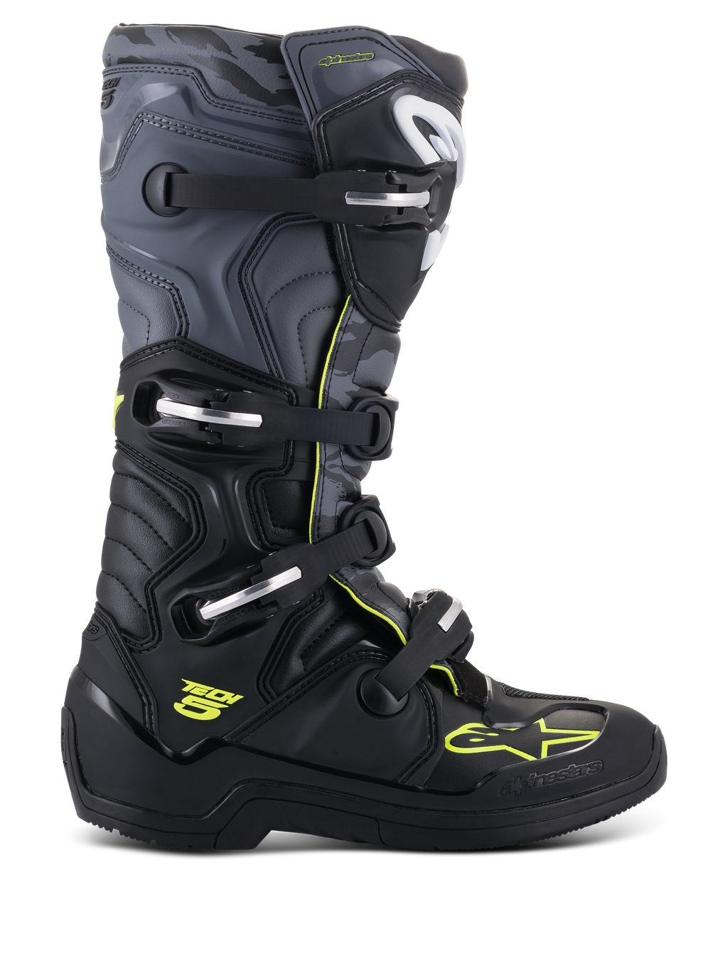 Botas Alpinestars Tech 5, botas de motocross e todo-o-terreno, vista lateral de perfil, pretas e cinzento 'cool' com detalhes em amarelo néon, padrão camuflado, fivelas ajustáveis e sola protetora robusta.