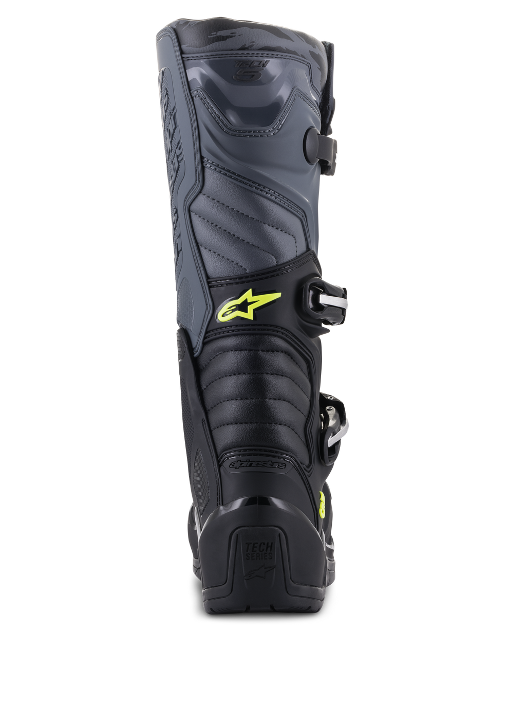Botas Alpinestars Tech 5, botas de motocross, pretas, cinzento cool e amarelo fluo, vista traseira mostrando zonas de flexão em acordeão e proteção de calcanhar, com logótipo Astars amarelo e marca Tech Series em relevo, construção durável multimaterial para desempenho todo-o-terreno