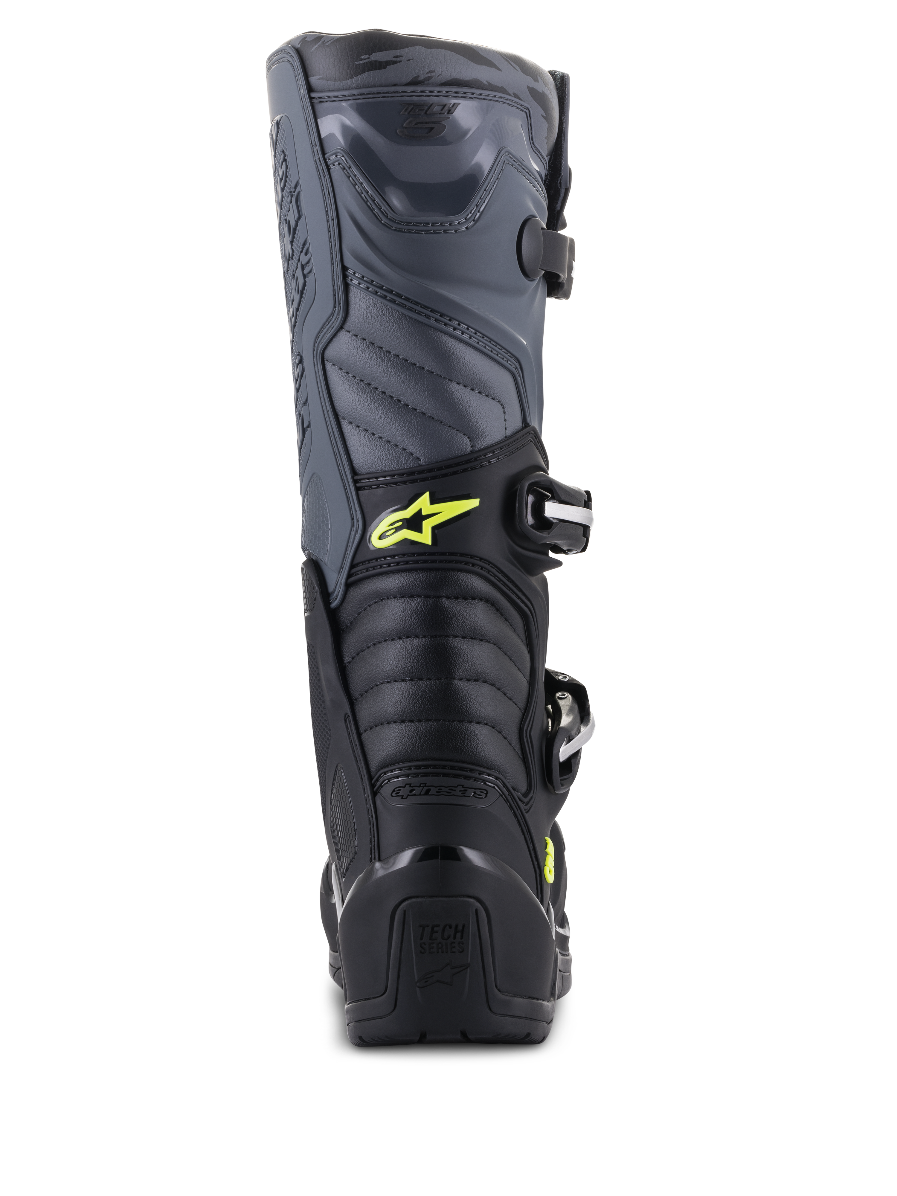 Botas Alpinestars Tech 5, botas de motocross, pretas, cinzento cool e amarelo fluo, vista traseira mostrando zonas de flexão em acordeão e proteção de calcanhar, com logótipo Astars amarelo e marca Tech Series em relevo, construção durável multimaterial para desempenho todo-o-terreno