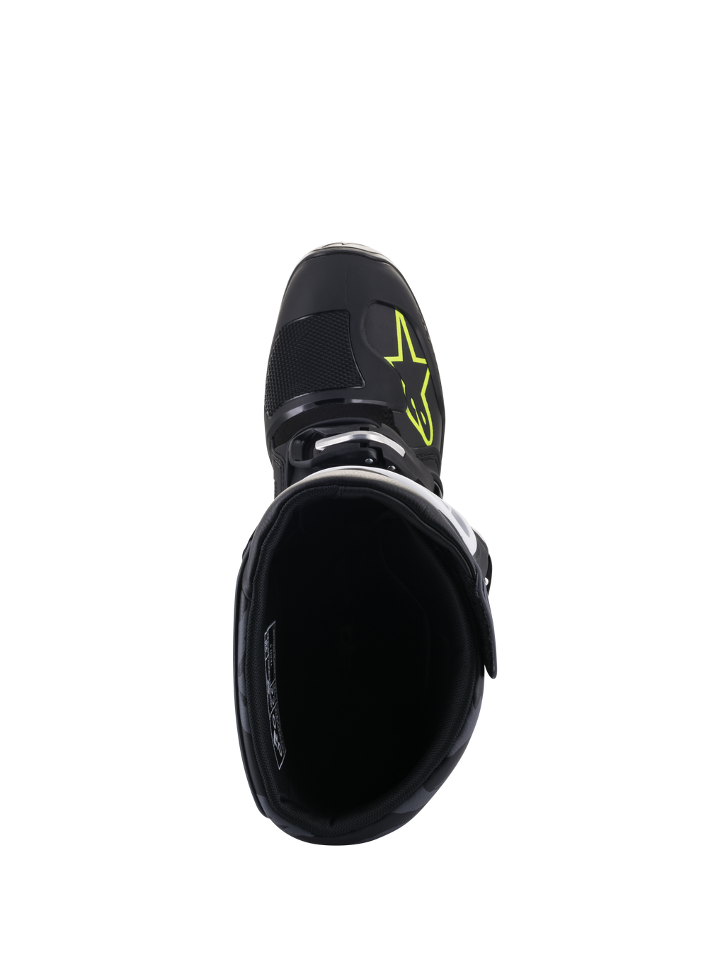 Botas Alpinestars Tech 5, vista superior, pretas com logótipo Amarelo Fluo na biqueira, mostrando o forro interior e o fecho de fivela, calçado de alta performance para motocross e todo-o-terreno