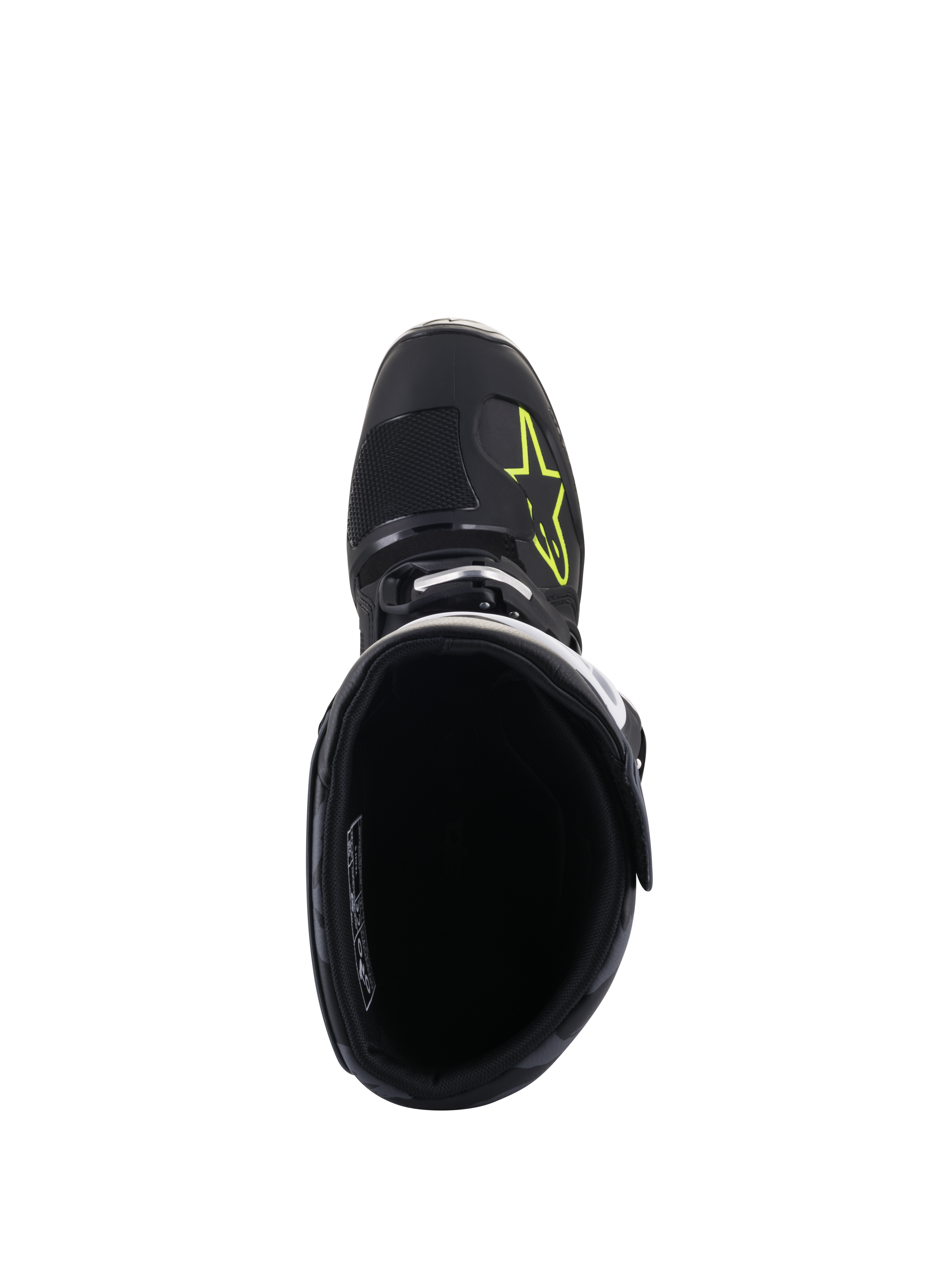 Botas Alpinestars Tech 5, vista superior, pretas com logótipo Amarelo Fluo na biqueira, mostrando o forro interior e o fecho de fivela, calçado de alta performance para motocross e todo-o-terreno