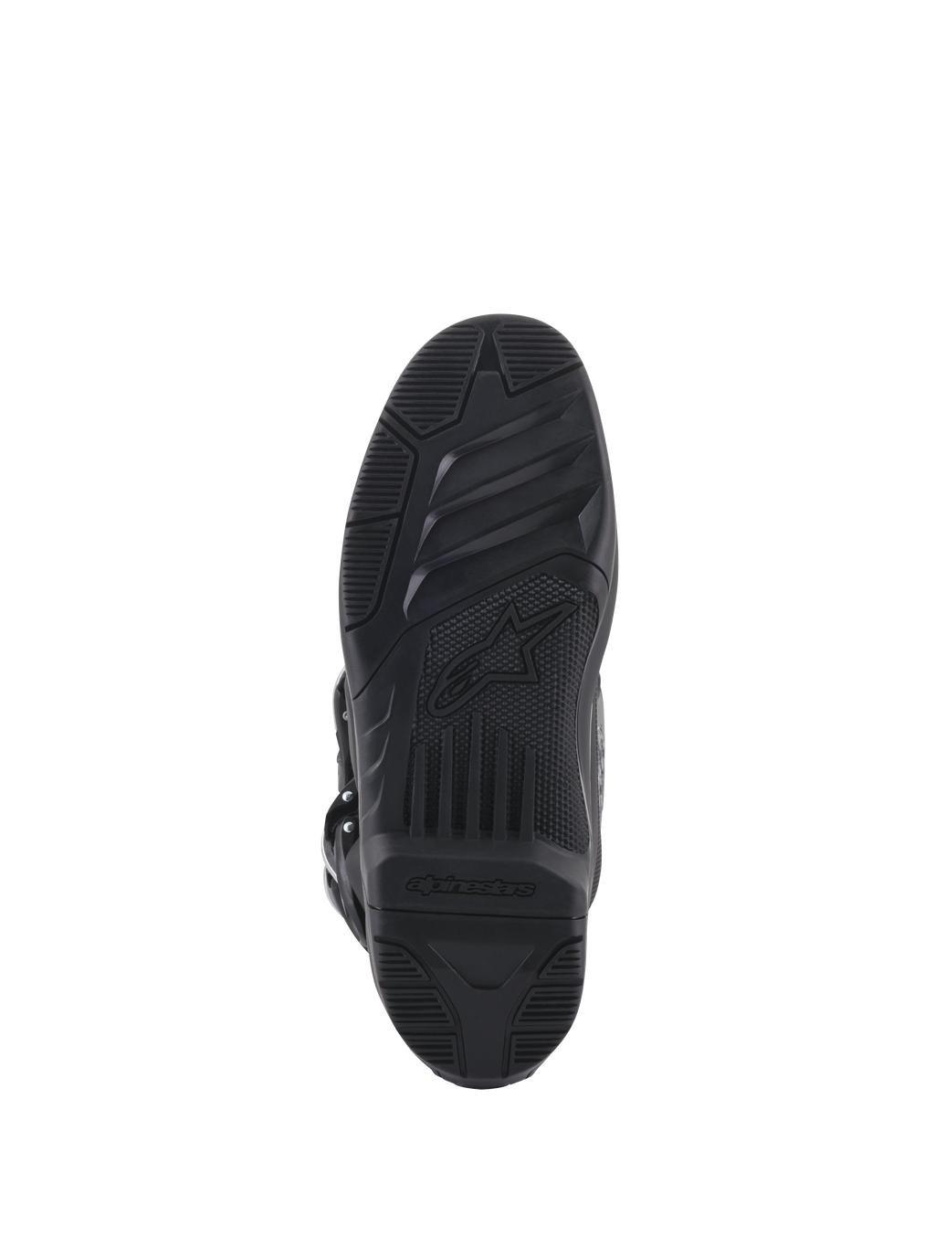 Botas Alpinestars Tech 5, vista inferior da sola, borracha preta com padrões de aderência texturizados, com o logótipo de estrela e a marca Alpinestars, design durável para tração em motocross e todo-o-terreno