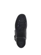 Botas Alpinestars Tech 5, vista inferior da sola, borracha preta com padrões de aderência texturizados, com o logótipo de estrela e a marca Alpinestars, design durável para tração em motocross e todo-o-terreno