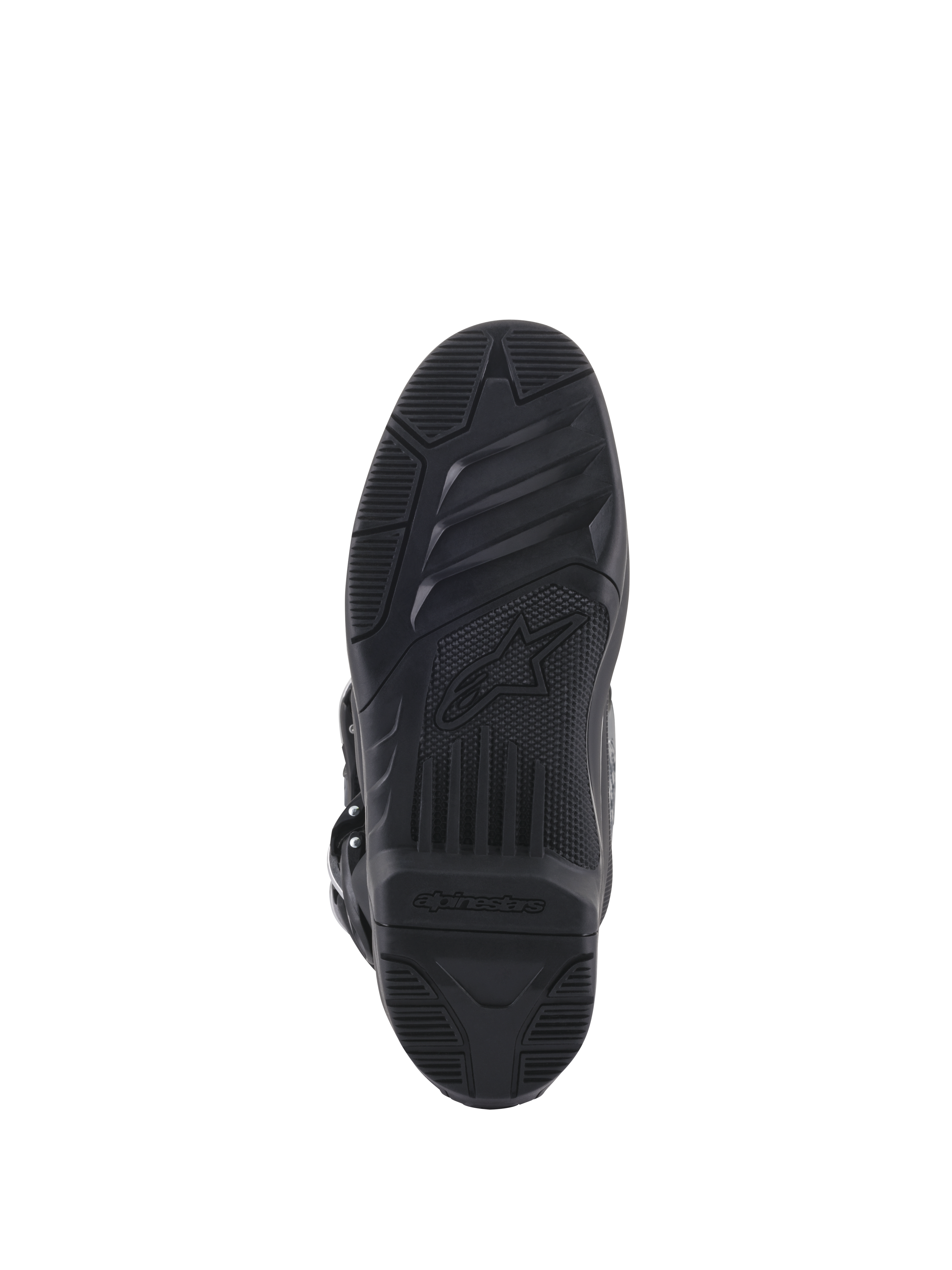 Botas Alpinestars Tech 5, vista inferior da sola, borracha preta com padrões de aderência texturizados, com o logótipo de estrela e a marca Alpinestars, design durável para tração em motocross e todo-o-terreno