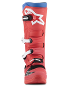 Alpinestars Tech 5 Boots, Motocross Boots, Bright Red and Alpine Blue, front view featuring large white star logo on the shin, multi-buckle closure system, and rugged microfiber design for off-road performance