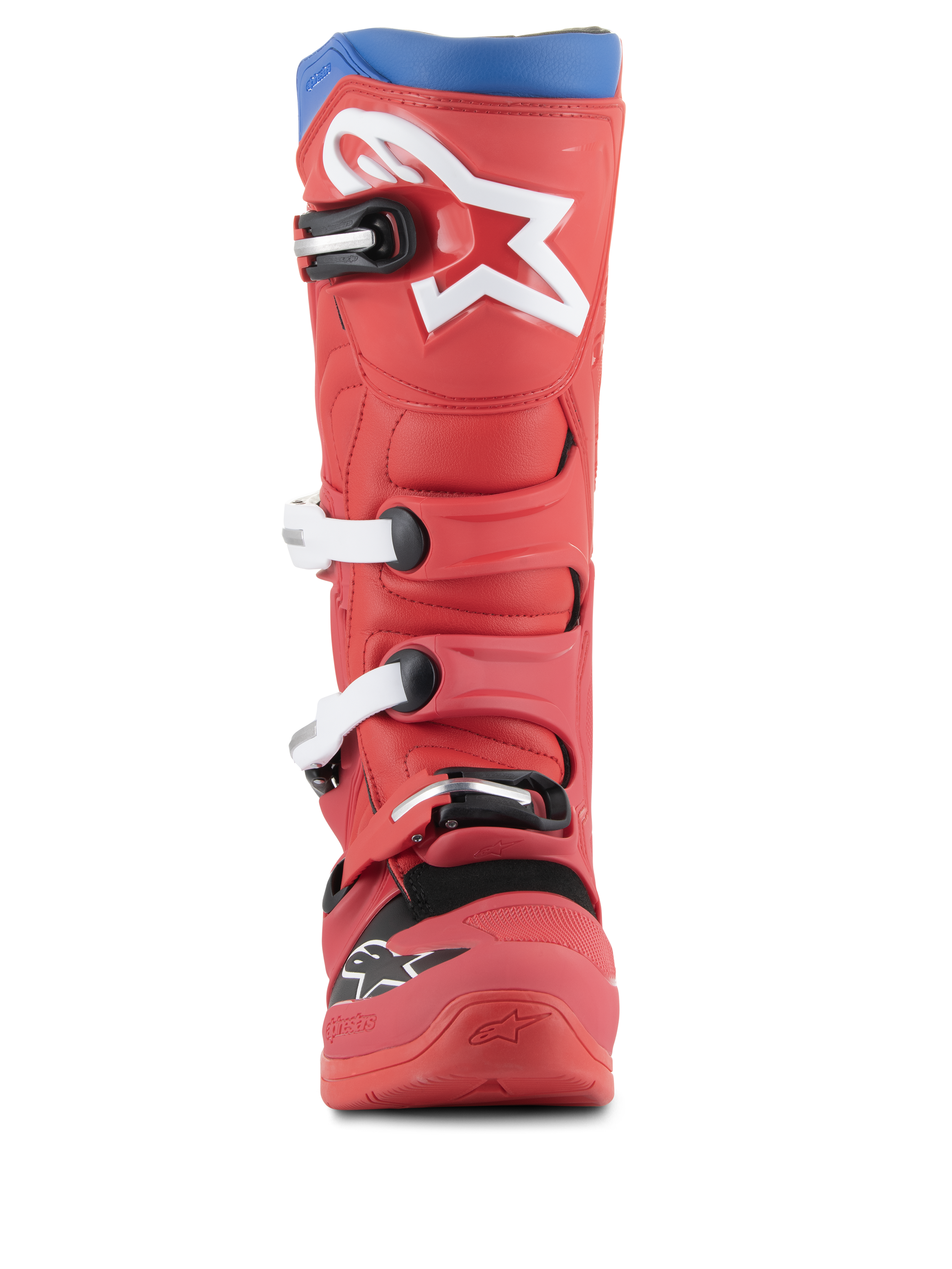 Alpinestars Tech 5 Boots, Motocross Boots, Bright Red and Alpine Blue, front view featuring large white star logo on the shin, multi-buckle closure system, and rugged microfiber design for off-road performance