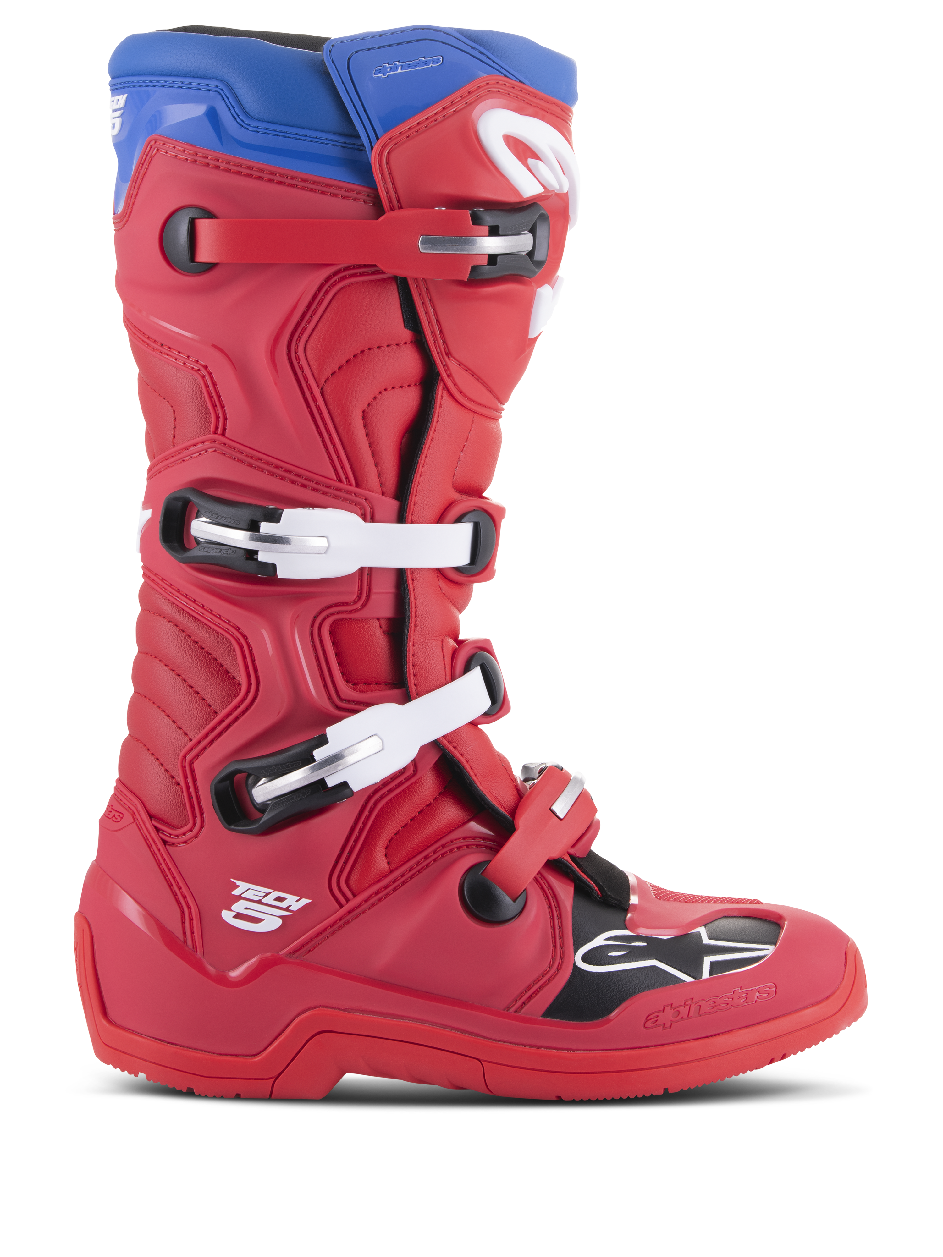 Botas Alpinestars Tech 5, botas de motocross, vermelho vivo e azul alpine, perfil lateral com sistema de fecho de quatro fivelas, biqueira reforçada com painel preto e logótipo branco, chassi em microfibra durável para proteção em todo-o-terreno