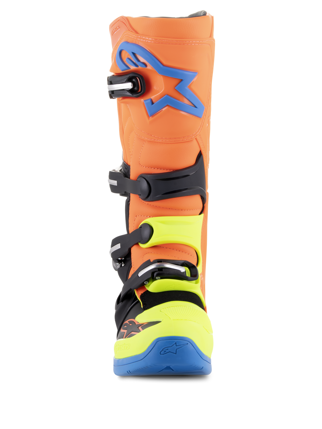 Alpinestars Tech 5 Boots, Motocross Boots, Orange Fluo, Enamel Blue, and Yellow Fluo, front view showing the four-buckle closure system, blue Alpinestars logo on the shin, and neon yellow accents on the toe and buckles.
