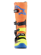 Alpinestars Tech 5 Boots, Motocross Boots, Orange Fluo, Enamel Blue, and Yellow Fluo, front view showing the four-buckle closure system, blue Alpinestars logo on the shin, and neon yellow accents on the toe and buckles.