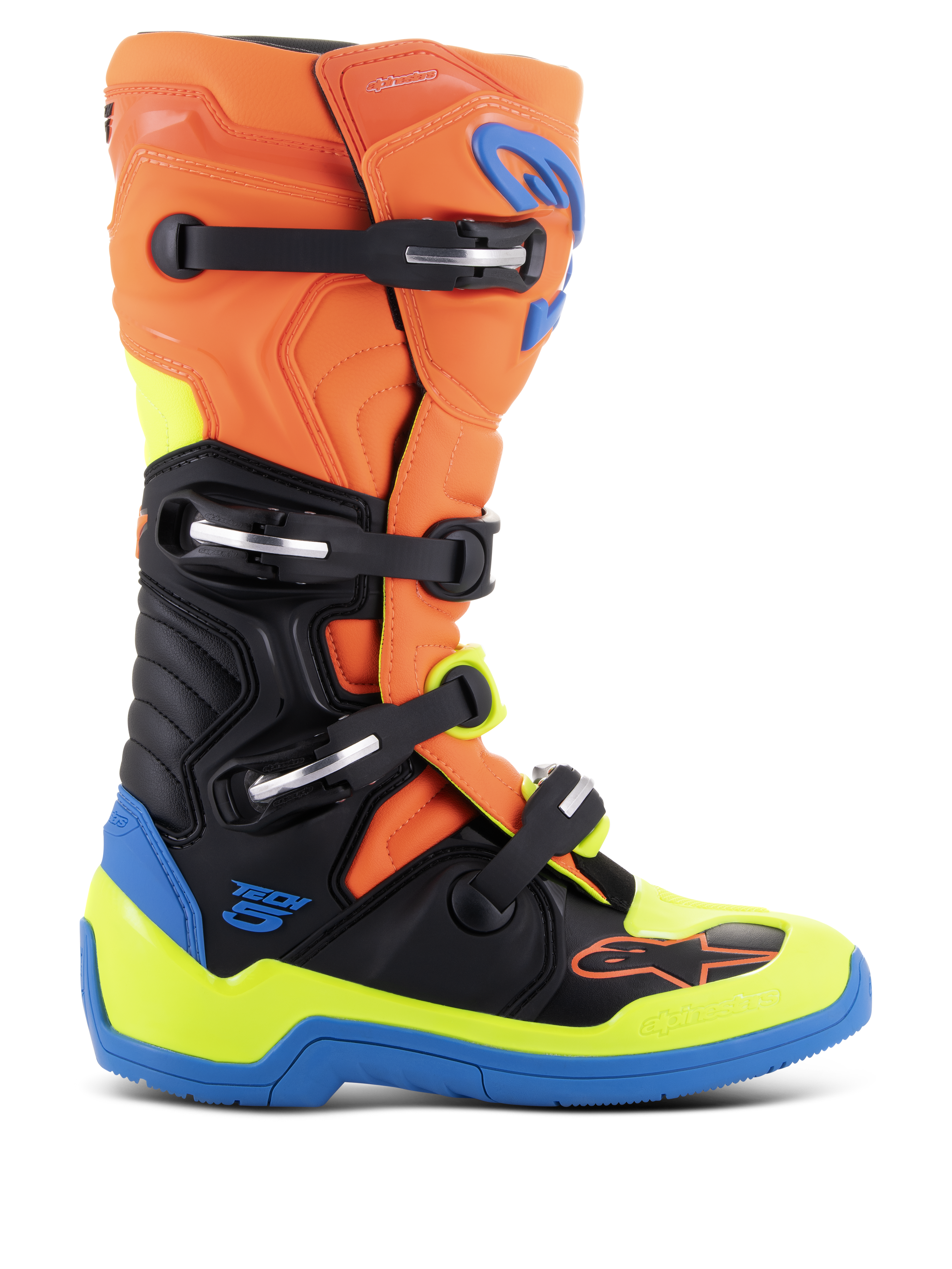 Alpinestars Tech 5 Boots, Motocross Racing Boots, Orange Fluo, Enamel Blue, and Yellow Fluo with Black, featuring a four-buckle system, microfiber construction with biomechanical pivot, and a reinforced blue sole.