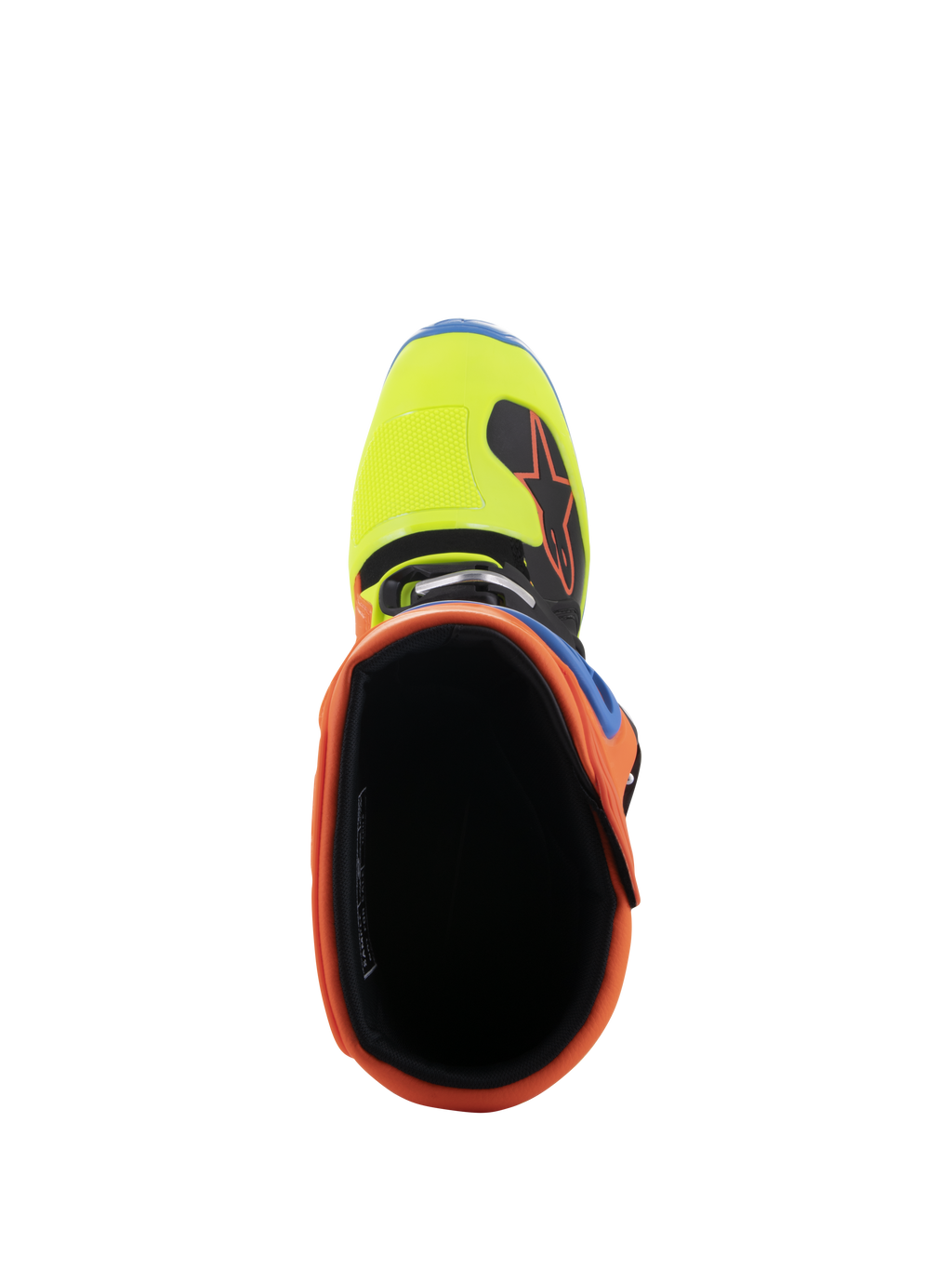 Alpinestars Tech 5 Boots, top-down view looking into the opening, featuring vibrant Orange Fluo collar and Yellow Fluo toe box, black interior lining, durable off-road motocross footwear